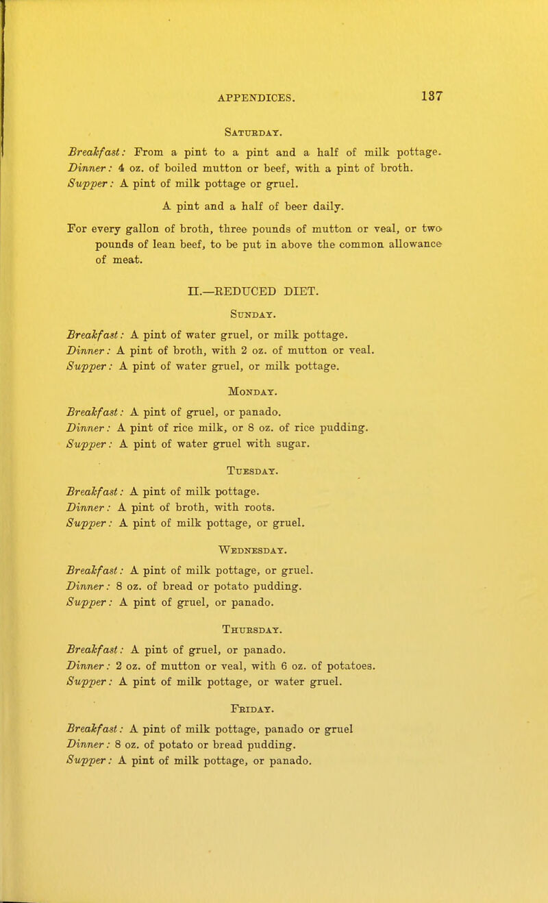 Sattjbdat. Breakfast: From a pint to a pint and a half of milk pottage. Dinner: 4 oz. of boiled mutton or beef, witb a pint of broth. Supper: A pint of milk pottage or gruel. A pint and a half of beer daily. For every gallon of broth, three pounds of mutton or veal, or two pounds of lean beef, to be put in above the common allowance of meat. n.—EEDUCED DIET. Sunday. Breakfast: A pint of water gruel, or milk pottage. Dinner: A pint of broth, with 2 oz. of mutton or veal. Supper: A pint of water gruel, or milk pottage. Monday. Breakfast: A pint of gruel, or panado. Dinner: A pint of rice milk, or 8 oz. of rice pudding. Supper: A pint of water g^el with sugar. Tuesday. Breakfast: A pint of milk pottage. Dinner: A pint of broth, with roots. Supper: A pint of milk pottage, or gruel. Wednesday. Breakfast: A pint of milk pottage, or gruel. Dinner: 8 oz. of bread or potato pudding. Supper: A pint of gruel, or panado. Thursday. Breakfast: A pint of gruel, or panado. Dinner: 2 oz. of mutton or veal, with 6 oz. of potatoes. Supper: A pint of milk pottage, or water gruel. Friday. Breakfast: A pint of milk pottage, panado or gruel Dinner: 8 oz. of potato or bread pudding. Supper: A pint of milk pottage, or panado.