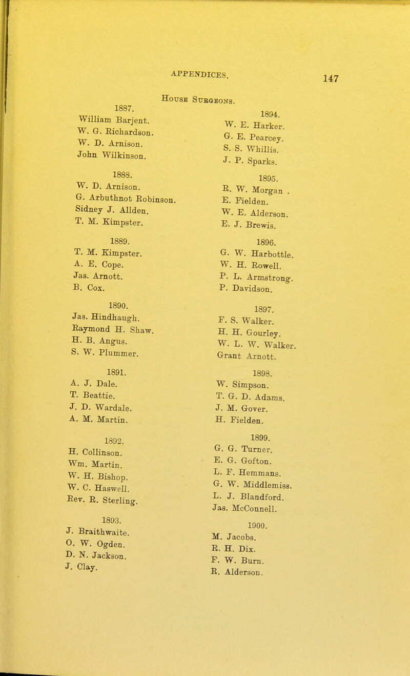 HOTXSB 1887. William Barjent. W. G. Eichardson. W. D. Arnison. Jolin Wilkinson. 1888. W. D. Arnison. G. Arbuthnot Robinson. Sidney J. Allden. T. M. Kimpster. 1889. T. M. Kimpster. A. E. Cope. Jas. Arnott. B. Cox. 1890. Jas. Hindiaugb. IlaTmond H. Sbaw. H. B. Angus. S. W. Plummer. 1891. A. J. Dale. T. Beattie. J. D. Wardale. A. M. Martin. 1892. H. Collinson. Wm. Martin. W. H. Bishop. W. C. Haswell. Rev. R. Sterling. 1893. J. Braithwaite. O. W. Ogden. D. N. Jackson. J. Clay. SUEQEONS. 1894. W. E. Barker. Gr. E. Pearcey. S. S. Wbillis. J- B. Sparks. 1895. R. W. Morgan . E. Fielden. W. E. Alderson. E. J. Brewis. 1896. G. W. Harbottle. W. H. Rowell. B. L. Armstrong. P. Davidson. 1897. F. S. Walker. H. H. Gourley. W. L. W. Walker. Grant Arnott. 1898. W. Simpson. T. G. D. Adams. J. M. Gover. H. Fielden. 1899. G. G. Turner. E. G. Gofton. F. Hemmans. G. W. Middlemiss. L. J. Blandford. Jas. McConnell. 1900. M. Jacobs. R. H. Dix. F. W. Bum. R. Alderson.