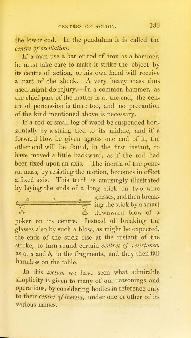 the lower end. In the pendulum it is called the centre of oscilla tion. If a man use a bar or rod of iron as a hammer, he must take care to make it strike the object by its centre of action, or his own hand will receive a part of the shock. A very heavy mass thus used might do injury.—In a common hammer, as the chief part of the matter is at the end, the cen- tre of percussion is there too, and no precaution of the kind mentioned above is necessary. If a rod or small log of wood be suspended hori- zontally by a string tied to its middle, and if a forward blow be given apross one end of it, the other end will be found, in the first instant, to have moved a little backward, as if the rod had been fixed upon an axis. The inertia of the gene- ral mass, by resisting the motion, becomes in effect a fixed axis. This truth is amusingly illustrated by laying the ends of a long stick on two wine a G (, glasses, and then break- ' '  'V/^ t^^^ stick by a smart ^ dS downward blow of a poker on its centre. Instead of breaking the glasses also by such a blow, as might be expected, the ends of the stick rise at the instant of the stroke, to turn round certain centres of resistance, as at a and in the fragments, and they then fall harmless on the table. In this section we have seen what admirable simplicity is given to many of our reasonings and operations, by considering bodies in reference only to their centre of inertia, under one or other of its various names.