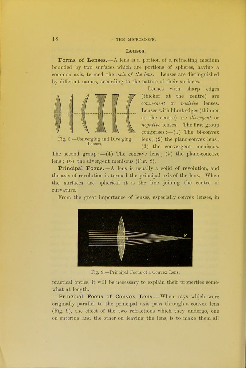 Lenses, Forms of Lenses.—A lens is a portion of a refracting medium bounded by two surfaces which are portions of spheres, having a common axis, termed the axis of the lens. Lenses are distinguished by different names, according to the nature of their siu'faces. Lenses with sharp edges (thicker at the centre) are convergent or 2^ositive lenses. Lenses with blunt edges (thinner at the centre) are divei-gent or negative lenses. The first group comprises:—(1) The bi-convex lens; (2) the plano-convex lens ; (3) the convergent meniscus. The second group :—(4) The concave lens ; (5) the plano-concave lens; (6) the divergent meniscus (Fig. 8). Principal Focus.—A lens is usually a solid of revolution, and the axis of revolution is termed the principal axis of the lens. When the surfaces are spherical it is the line joining the ceuti'e of curvature. From the great importance of lenses, especially convex lenses, in Fig. 9.—Principal focus ofii Convex Leus. practical optics, it will be necessary to explain their properties some- what at length. Principal Focus of Convex Leus.—When rays which were originally parallel to the principal axis pass through a convex lens (Fig. 9), the effect of the two refractions which the}' undergo, one on entering and the other on leaving the lens, is to make them all