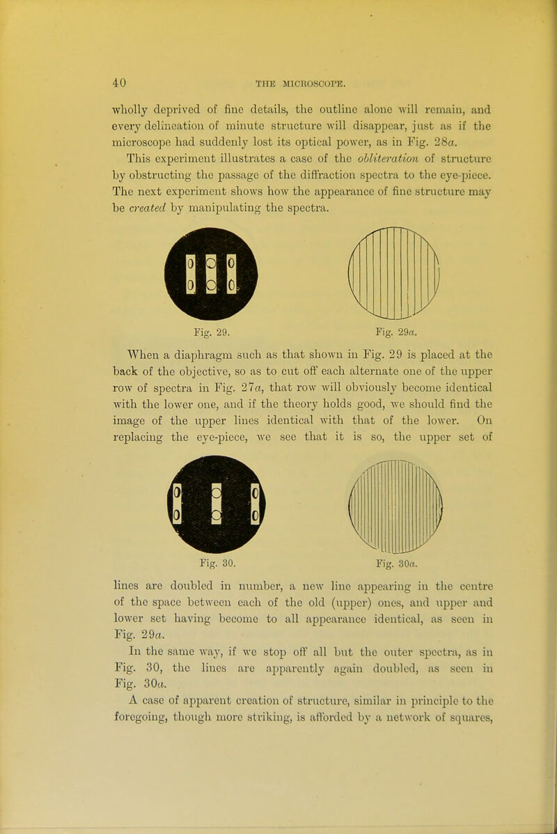 wholly deprived of fine details, the outline alone will remain, and every delineation of minute structure will disappear, just as if the microscope had suddenly lost its ojitical power, as in Fig. 28a. This experiment illustrates a case of the obliteration of structure by obstructing the passage of the diffraction spectra to the eye-jiiece. The next experiment shows how the appearance of fine structure may be created by manipulating the spectra. Fig. 29. Fig. 29a. When a diaphragm such as that shown in Fig. 29 is placed at the back of the objective, so as to cut off each alternate one of the upper row of spectra in Fig. '27a, that row Avill obviously become identical with the lower one, and if the theory holds good, we should find the image of the upper lines identical Avith that of the lower. On replacing the eye-piece, we see that it is so, the iipper set of Fig. 30. lines are doubled in mimber, a new line appearing in the centre of the space between each of the old (iipper) ones, and upper and lower set having become to all appeai-ance identical, as seen in Fig. 29a. In the same Avay, if we stop off all but the outer spectra, Jis in Fig. 30, the lines are apparently again doubled, as seen in Fig. 30a. A case of apparent creation of sti-ucture, similar in principle to the foregoing, though moi'c striking, is afforded by a network of squares,