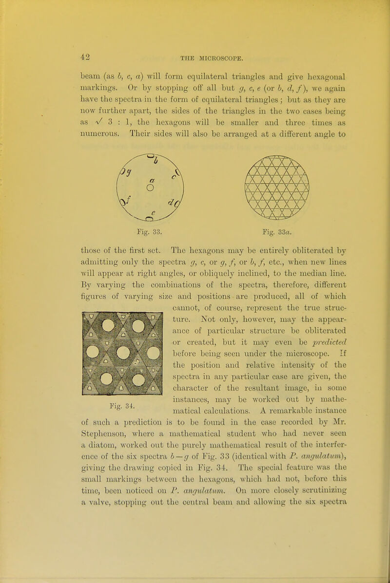 beam (as h, c, a) will form equilateral triangles and give licxagoual markings. Or by stopping ofif all but ff, c, e (or b, d, /), we again have the spectra in the form of equilateral triangles ; but as they are now further apart, the sides of the triangles in the two cases being as V 3 : 1, the hexagons Avill be smaller and three times as numerous. Their sides will also be arranged at a different angle to Fig. 33. Fig. 33«. those of the first set. The hexagons may be entirely obliterated by admitting only the spectra ff, c, or g, f, or b, f, etc., when new lines will appear at right angles, or obliquely inclined, to the median line. By A'arjdng the combinations of the spectra, therefore, different figures of varying size and positions are produced, all of which cannot, of course, represent the true struc- ture. Not only, however, may the appear- ance of particular structure be obliterated or created, but it may even be predicted before being seen under the microscope. If the 230sition and relative intensity of the spectra in any particular case are given, the character of the resultant image, in some instances, may be worked out by mathe- matical calculations. A remarkable instance of such a prediction is to be found in the case recorded by Mr. Stephenson, where a mathcniatical student Avho had never seen a diatom, worked out the purely mathematical result of the interfer- ence of the six sjDCctra b — gol Fig. 33 (identical with P. angidatum), giving the drawing copied in Fig. 34. The special feature was the small markings between the hexagons, which had not, before this time, been noticed on F. angulatmi. On more closely scrutinizing a valve, stopping out the central beam and allowing the six spectra Vig. u.