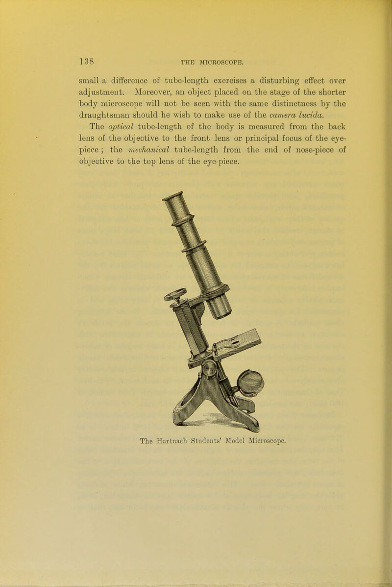 small a difference of tube-length exercises a disturbing efifect over adjustment. Moreover, an object placed on the stage of the shorter body microscope will not be seen with the same distinctness by the draughtsman should he wish to make use of the camera Ittcida. The optical tube-length of the body is measured from the back lens of the objective to the front lens or principal focus of the eye- piece ; the mechanical tube-length from the end of nose-piece of objective to the top lens of the eye-piece. The Hartnach Students' Model Microscope.