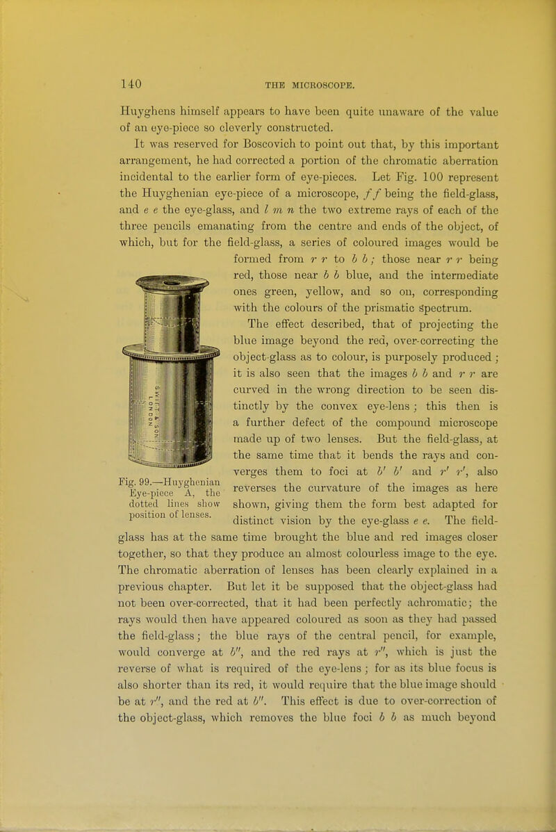 Huyghens himself appears to have been quite unaware of the value of an eye-piece so cleverly constructed. It was reserved for Boscovich to point out that, by this important arrangement, he had corrected a portion of the chromatic aberration incidental to the earlier form of eye-pieces. Let Fig. 100 represent the Huyghenian eye-piece of a mici'oscope, // being the field-glass, and e e the eye-glass, and I tn n the two extreme rays of each of the three pencils emanating from the centre and ends of the object, of which, but for the field-glass, a series of coloured images would be formed from r r to b b; those near r r being red, those near b b blue, and the intermediate ones green, yellow, and so on, corresponding with the colours of the prismatic Spectrum. The effect described, that of projecting the blue image beyond the red, over-correcting the object-glass as to colour, is purposely produced; it is also seen that the images b b and ?• ?• are cui'ved in the wrong direction to be seen dis- tinctly by the convex eye-lens ; this then is a further defect of the compoimd microscope made up of two lenses. But the field-glass, at the same time that it bends the rays and con- verges them to foci at b' b' and r' r', also reverses the curvature of the images as here shown, giving them the form best adapted for distinct vision by the eye-glass e e. The field- glass has at the same time brought the blue and I'ed images closer together, so that they produce an almost colourless image to the eye. The chromatic aberration of lenses has been clearly explained in a previous chapter. But let it be supposed that the object-glass had not been over-corrected, that it had been perfectly achromatic; the rays would then have appeared coloured as soon as they had passed the field-glass; the blue rays of the central pencil, for example, would converge at b, and the red rays at r, Avhich is just the reverse of what is required of the eye-lens; for as its blue focus is also shorter than its red, it would require that the blue image should be at and the red at b. This efi'ect is due to over-correction of the object-glass, which removes the blue foci b b as much beyond Fig. 99.—Huyghonian Eye-piece A, the dotted lines show position of lenses.