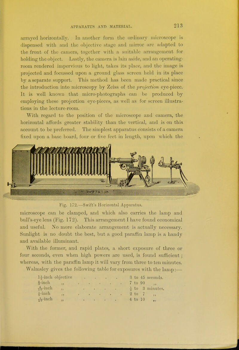 arrayed horizontally. In another form the ordinary microscope is dispensed with and the objective stage and mirror are adapted to the front of the camera, together with a suitable arrangement for holding the object. Lastly, the canKira is lain aside, and an operating- room rendered impervious to light, takes its place, and the image is projected and focnssed npon a gronnd glass screen held in its place by a separate suppoit. This method has been made practical since the introdnction into microscopy by Zeiss of the 2'>'>'oJecti(»b eye-piece. It is well known that micro-photographs can be produced by employing these projection eye-pieces, as well as for screen illustra- tions in the lecture-room. With regard to the position of the microscope and camera, the horizontal affords greater stability than the vertical, and is on this accoimt to be preferred. The simplest apparatus consists of a camera fixed upon a base board, four or five feet in length, upon which the Fig. 172.—Swift's Horizontal Ajiparatus. microscope can be clamped, and which also carries the lamp and bull's-eye lens (Fig. 172). This arrangement I have found economical and useful. No more elaborate arrangement is actually necessary. Sunlight is no doubt the best, but a good paraffin lamp is a handy and available illuminant. Witli the former, and rapid plates, a short expos;ire of three or four seconds, even when high powers are iised, is found sufficient; whereas, witli the paraffin lamp it will vary from three to ten minutes. Walnisley gives tlie following table for exposures with the lamjj:— 1^-inch objective . . . . 3 to 45 seconds. S-inch ,, 7 to 90 ,, T^-iiicli .... ,V to 3 niiiintes. A-iiich ,, 2 to 7 ,, fs-inch „ .... 4 to 10 „