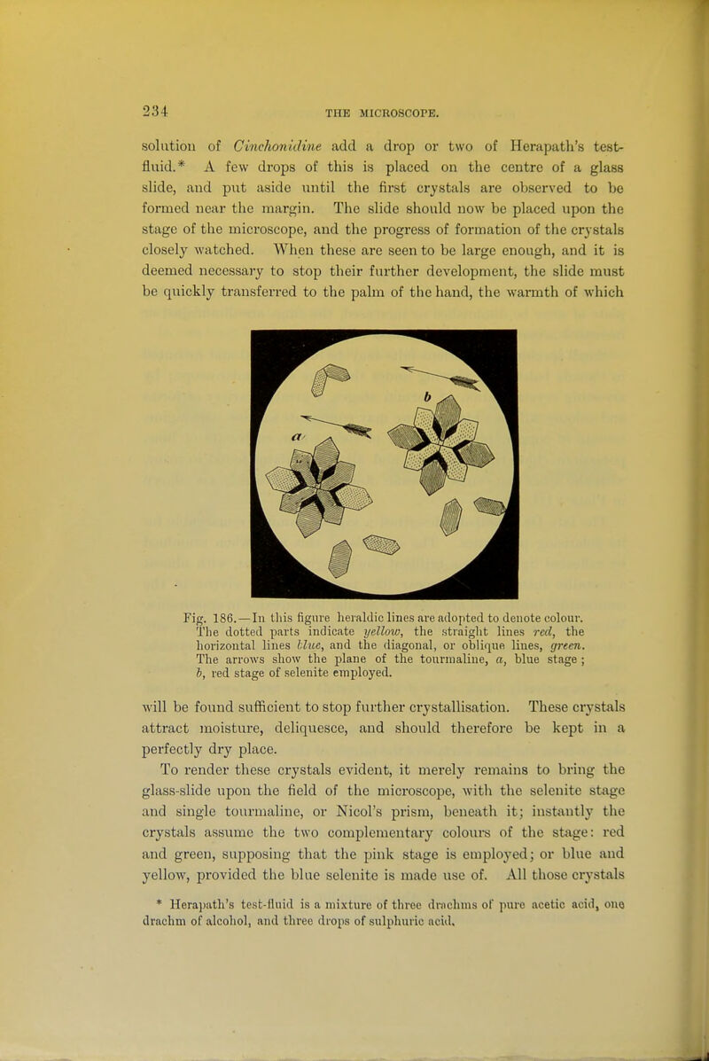 solution of Cinchonidiiie add a drop or two of Herapath's test- fluid.* A few drops of this is placed on the centre of a glass slide, and put aside until the first crystals are obsex'ved to be formed near the margin. The slide should now be placed upon the stage of the microscope, and the progress of formation of the crystals closely watched. When these are seen to be large enough, and it is deemed necessary to stop their further development, the slide must be quickly transferred to the palm of the hand, the warmth of which Fig. 186. — In this figure heraldic lines are adopted to denote colour. The dotted parts indicate yellow, the straight lines reel, the horizontal lines Hue, and the diagonal, or oblique lines, green. The arrows show the plane of the tourmaline, a, blue stage ; h, red stage of selenite employed. will be found sufficient to stop further crystallisation. These crystals attract moisture, deliquesce, and should therefore be kept in a perfectly dry place. To render these crystals evident, it merely remains to bring the glass-slide upon the field of the microscope, with the selenite stage and single tourmaline, or Nicol's prism, beneath it; instantlj' the crystals assume the two complementary colours of the stage: red and green, supposing that the pink stage is employed; or blue and yellow, provided the blue selenite is made use of. All those crystals * Herajjath's test-fluid is a mixture of throe drachms of pure acetic acid, ouo drachm of alcohol, and three drops of sulphuric acid.