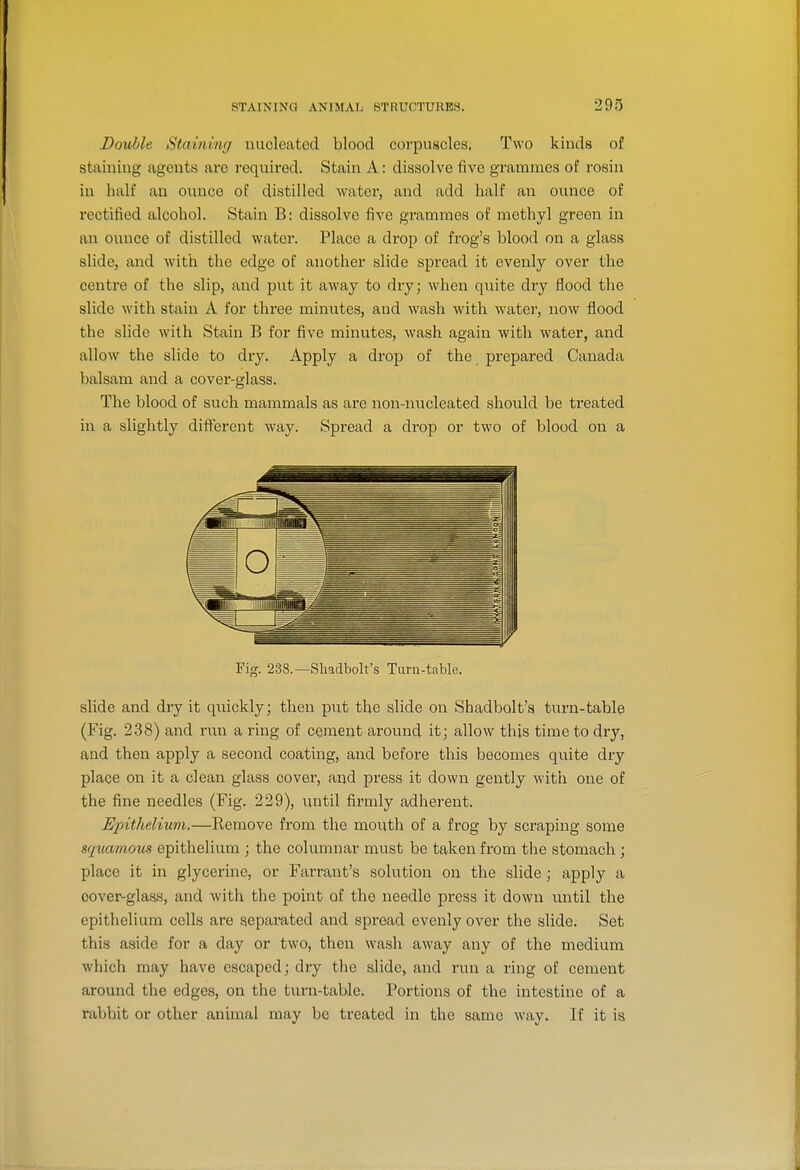 Double Staining nucleated blood corpuscles. Two kinds of staining agents are required. Stain A: dissolve five grammes of rosin in half an ounce of distilled water, and add half an ounce of rectified alcohol. Stain B: dissolve five grammes of methyl green in an ounce of distilled water. Place a drop of frog's blood on a glass slide, and with the edge of another slide spread it evenly over the centre of the slip, and put it away to dry; when quite dry flood the slide with stain A for three minutes, and Avash with water, now flood the slide with Stain B for five minutes, wash again with water, and allow the slide to dry. Apply a drop of the prepared Canada balsam and a cover-glass. The blood of such mammals as are non-nucleated should be treated in a slightly different way. Spread a drop or two of blood on a Fig. 238.—Shadbolt's Tarn-table. slide and dry it quickly; then put the slide on Shadbolt's turn-table (Fig. 2.38) and run a ring of cement around it; allow this time to dry, and then apply a second coating, and before this becomes quite dry place on it a clean glass cover, and press it down gently with one of the fine needles (Fig. 229), until firmly adherent. Epithelium.—Remove from the mouth of a frog by scraping some sqtiamous epithelium ; the columnar must be taken from the stomach ; place it in glycerine, or Farrant's solution on the slide; apply a oover-glass, and with the point of the needle press it down until the epithelium cells are sepai-ated and spread evenly over the slide. Set this aside for a day or two, then wash away any of the medium which may have escaped; dry the slide, and run a ring of cement around the edges, on the turn-table. Portions of the intestine of a rabbit or other animal may be treated in the same way. If it is