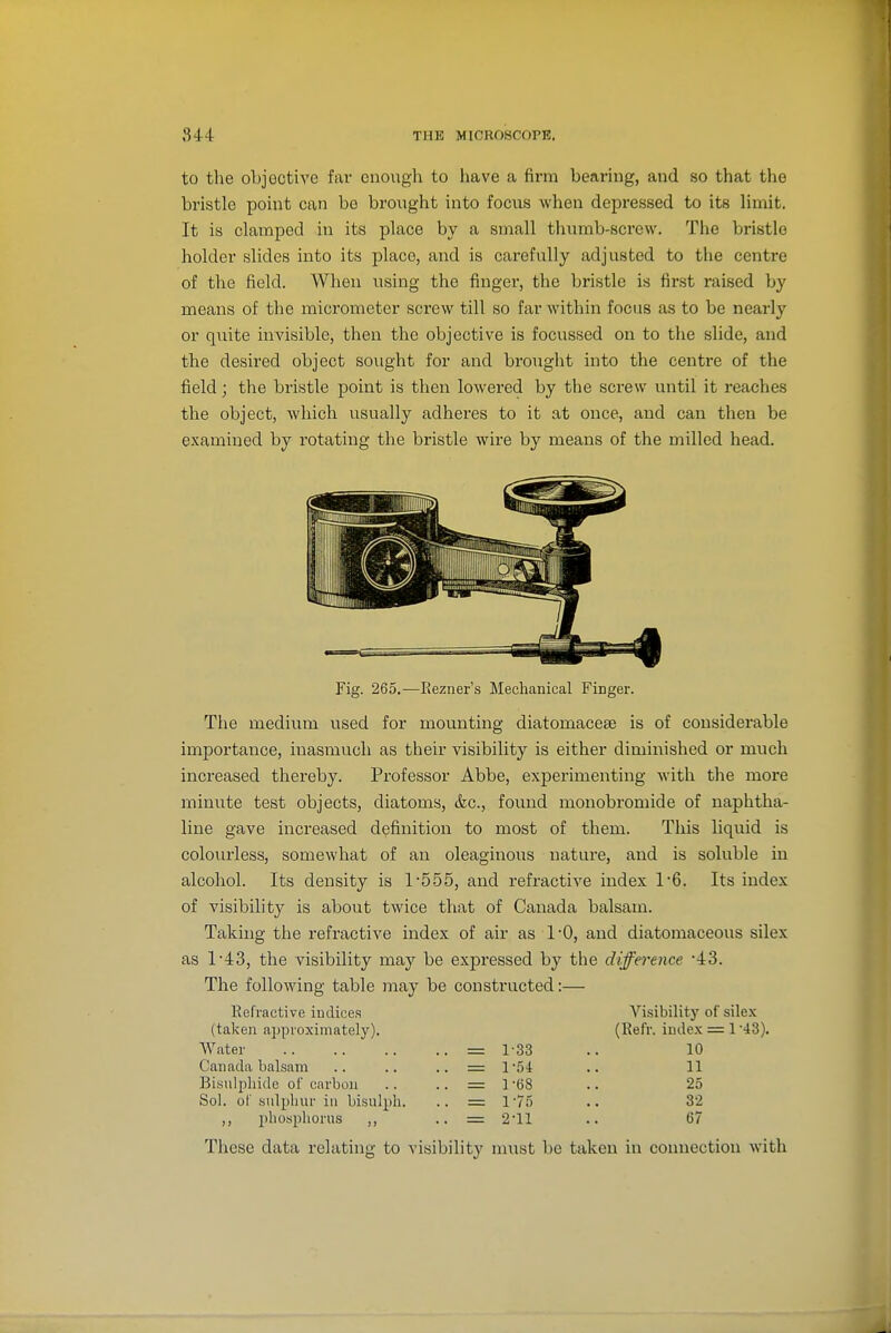 to the objective far enough to have a firm bearing, and so that the bristle point can be brought into focus when depressed to its Umit. It is clamped in its place by a small thumb-screw. The bristle holder slides into its place, and is carefully adjusted to the centre of the field. When using the finger, the bristle is first raised by means of the micrometer screw till so far within focus as to be nearly or quite invisible, then the objective is focussed on to the slide, and the desired object sought for and brought into the centre of the field; the bristle point is then lowered by the screw until it reaches the object, which usually adheres to it at once, and can then be examined by rotating the bristle wire by means of the milled head. Fig. 265.—Rezner's Mechanical Finger. The medium used for mounting diatomaceee is of considerable importance, inasmuch as their visibility is either diminished or much increased thereby. Professor Abbe, experimenting Avith the more minute test objects, diatoms, &c., found monobromide of naphtha- line gave increased definition to most of them. This liquid is colourless, somewhat of an oleaginous nature, and is soluble in alcohol. Its density is 1'555, and refractive index 16. Its index of visibility is about twice that of Canada balsam. Taking the refractive index of air as I'O, and diatomaceous silex as 1'43, the visibility may be expressed by the difference '43. The following table may be constructed:— Refractive indices A'^isibility of silex (taken approximately). (Refr. index = 1'43). Water = 1-33 .. 10 Canada balsam .. .. .. = 1 '54 .. 11 Bisulphide of carbon .. .. = 1 '68 .. 25 Sol. of .sidpliur in bisulph. .. = 1-75 .. 32 phosphorus ,, .. = 211 .. 67 These data relating to visibilit}' nuist be taken in connection with