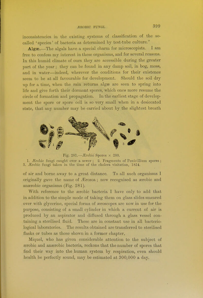 iEEOBIC FUNGI. inconsistencies in the existing systems of classification of the so- called 'species' of bacteria as determined by test-tube culture. Algae.—The algals have a special charm for microscopists. I am free to confess my interest in these organisms, and for several reasons. In this humid climate of ours they are accessible during the greater part of the year; they can be found in any damp soil, in bog, moss, and in water—indeed, wherever the conditions for their existence seem to be at all favourable for development. Should the soil dry up for a time, when the rain returns algse are seen to spring into life and give forth their dormant spores, which once more resume the circle of formation and propagation. In the earliest stage of develop- ment the spore or spore cell is so very small when in a desiccated state, that any number may be carried about by the slightest breath Fig. 281.—Jivobic Spores x 200. 1. jErobic fungi caught over a sewer ; 2. Fragments of Penicilliuni spores ; •3. JLrobic fungi taken in the time of the cholera visitation, 1854. of air and borne away to a great distance. To all such organisms I originally gave the name of J^rozoa; now recognised as fjerobic and anaerobic organisms (Fig. 281). With reference to the aerobic bacteria I have only to add that in addition to the simple mode of taking them on glass slides smeared over with glycerine, special forms of seroscopes are now in use for the purpose, consisting of a small cylinder in which a current of air is produced by an aspirator and diffused through a glass vessel con- taining a sterilised fluid. These are in constant use in all bacterio- logical laboi'atories. The results obtained are ti-ansferred to sterilised flasks or tubes as those shown in a former chapter, Miquel, who has given considerable attention to the subject of terobic and anaerobic bacteria, reckons that the number of spores that find their way into the human system by respiration, even should health be perfectly sound, may be estimated at 300,000 a day.