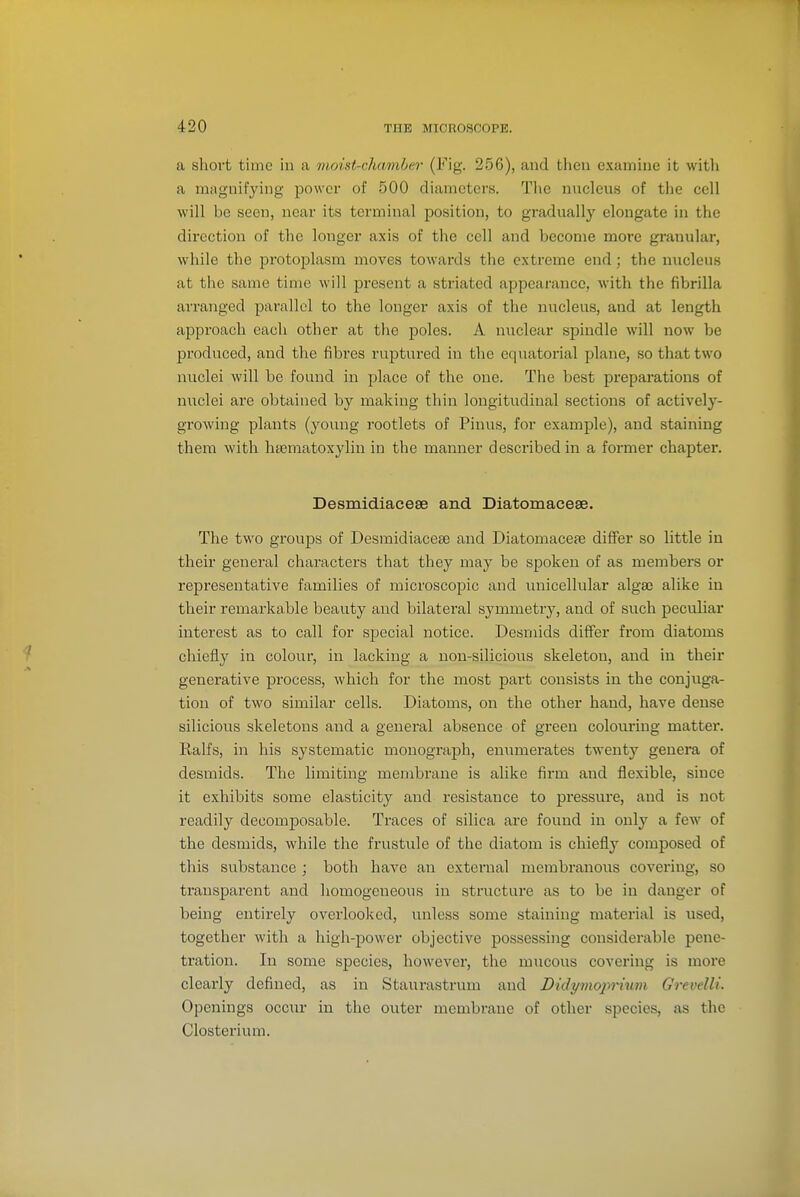 a short time in a moist-chamber- (Fig. 256), and then examine it witli a magnifying power of 500 diameters. Tlie nucleus of tiie cell will be seen, near its terminal position, to gradually elongate in the direction of the longer axis of the cell and become more gi'anular, while the protoplasm moves towards the extreme end; the nucleus at the same time will pi-esent a striated appearance, with the fibrilla arranged parallel to the longer axis of the nucleus, and at length approach each other at tlie poles. A nuclear spindle will now be produced, and the fibres ruptured in the equatorial plane, so that two nuclei will be found in place of the one. The best preparations of nuclei are obtained by making thin longitudinal sections of actively- growing plants (young rootlets of Pinus, for example), and staining them with htematoxylin in the manner described in a former chapter. Desmidiacese and Diatomacese. The two groups of Desmidiacese and Diatomaceae differ so little in their general characters that they may be spoken of as members or representative families of microscopic and unicellular alga) alike in their remarkable beauty and bilateral symmetry, and of such peculiar interest as to call for special notice. Desmids differ from diatoms chiefly in colour, in lacking a non-silicious skeleton, and in their generative process, which for the most part consists in the conjuga- tion of two similar cells. Diatoms, on the other hand, have dense silicious skeletons and a general absence of green colouring matter. Ralfs, in his systematic monograjDh, enumerates twenty genera of desmids. The limiting membrane is alike firm and flexible, since it exhibits some elasticity and resistance to pressure, and is not readily decomposable. Traces of silica are found in only a few of the desmids, while the frustule of the diatom is chiefly composed of this substance ; both have an external membranous covering, so transparent and homogeneous in structure as to be in danger of being entirely overlooked, unless some staining material is used, together with a high-power objective possessing considerable pene- tration. In some species, however, the mucous covering is more clearly defined, as in Staurastrum and Didymoprium Grevelli. Openings occur in the outer membrane of other species, as the Closterium.