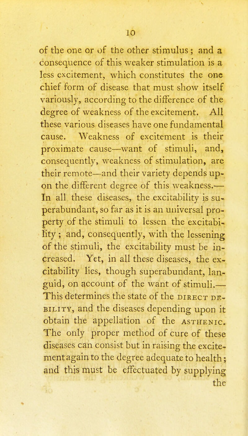 of the one or of the other stimulus; and a consequence of this weaker stimulation is a less excitement, which constitutes the one chief form of disease that must show itself variously, according to the difference of the degree of weakness of the excitement. All these various diseases have one fundamental cause. Weakness of excitement is their proximate cause—want of stimuli, and, consequently, weakness of stimulation, are their remote—and their variety depends up- on the different degree of this weakness.— In all these diseases, the excitability is SU' perabundant, so far as it is an universal pro- perty of the stimuli to lessen the excitabi-. iity ; and, consequently, with the lessening of the stimuli, the excitability must be in- creased. Yet, in all these diseases, the ex- citability lies, though superabundant, lan- guid, on account of the want of stimuli.— This determines the state of the direct de- bility, and the diseases depending upon it obtain the appellation of the asthenic. The only proper method of cure of these diseases can consist but in raising the excite- ment again to the degree adequate to health; and this must be effectuated by supplying the