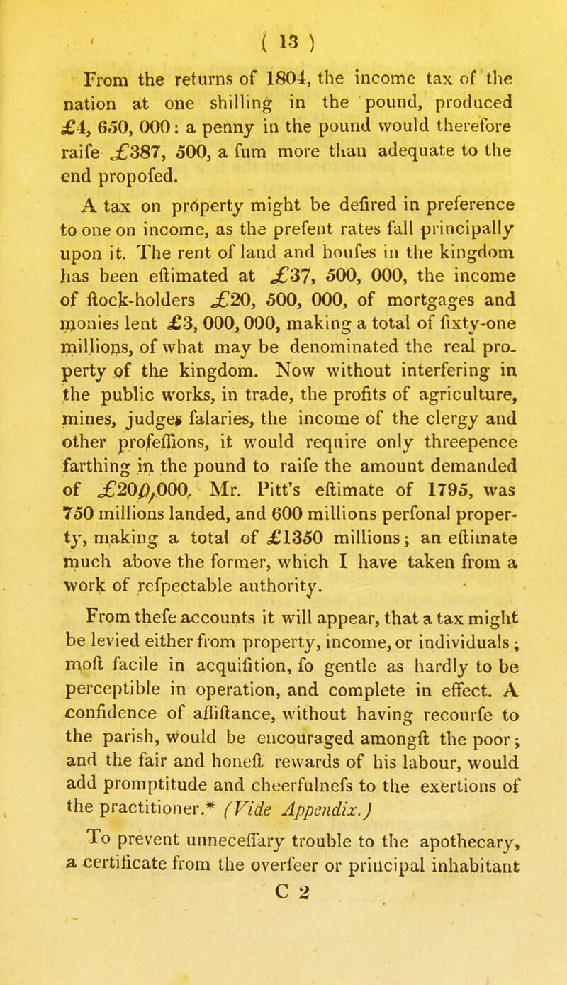 From the returns of 1804, the income tax of tlie nation at one shilling in the pound, produced £4, 650, 000: a penny in the pound would therefore raife ^387, 500, a fum more tUan adequate to the end propofed. A tax on property might be defired in preference to one on income, as the prefent rates fall principally upon it. The rent of land and houfes in the kingdom has been ellimated at ^37, 500, 000, the income of flock-holders £20, 500, 000, of mortgages and njonies lent £3, 000,000, making a total of fixty-one rnilliojis, of what may be denominated the real pro- perty of the kingdom. Now without interfering in the public works, in trade, the profits of agriculture, mines, judges falaries, the income of the clergy and other profeffions, it would require only threepence farthing in the pound to raife the amount demanded of £200^000, Mr. Pitt's eftimate of 1795, was 750 millions landed, and 600 millions perfonal proper- ty, making a total of £1350 millions; an eftimate much above the former, which I have taken from a work of refpectable authority. From thefe accounts it will appear, that a tax might be levied either from property, income, or individuals; moft facile in acquifition, fo gentle as hardly to be perceptible in operation, and complete in effect. A confidence of afliftance, without having recourfe to the parish, would be encouraged amongft the poor; and the fair and honeft rewards of his labour, would add promptitude and cheerfulnefs to the exertions of the practitioner.* (Vide Appendix.) To prevent unneceffary trouble to the apothecary, a certificate from the overfeer or principal inhabitant C 2