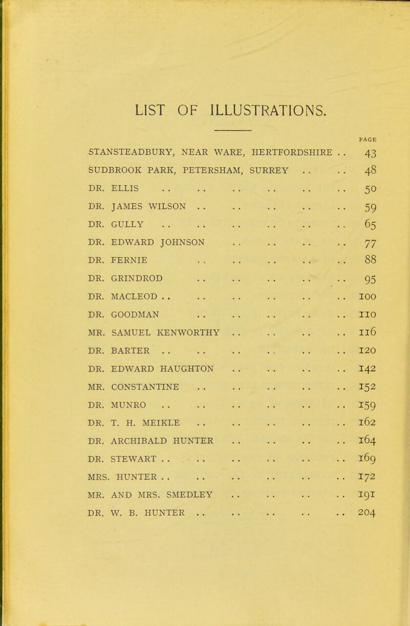 LIST OF ILLUSTRATIONS. PAGE STANSTEADBURY, NEAR WARE, HERTFORDSHIRE .. 43 SUDBROOK PARK, PETERSHAM, SURREY . . 48 DR. ELLIS 50 DR. JAMES WILSON . . 59 DR. GULLY 65 DR. EDWARD JOHNSON 77 DR. FERNIE 88 DR. GRINDROD 95 DR. MACLEOD . . 100 DR. GOODMAN no MR. SAMUEL KENWORTHY . . 116 DR. BARTER . . 120 DR. EDWARD HAUGHTON 142 MR. CONSTANTINE 152 DR. MUNRO 159 DR. T. H. MEIKLE 162 DR. ARCHIBALD HUNTER 164 DR. STEWART . . 169 MRS. HUNTER . . 172 MR. AND MRS. SMEDLEY 191 DR. W. B. HUNTER , . 204