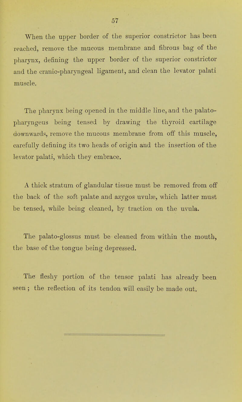 When the upper border of the superior constrictor has been reached, remove the mucous membrane and fibrous bag of the pliarjnx, defining the upper border of the superior constrictor and the cranio-pharyngeal ligament, and clean the levator palati muscle. The pharynx being opened in the middle line, and the palato- pharyngeus being tensed by drawing the thyroid cartilage downwards, remove the mucous membrane from off this muscle, carefully defining its two heads of origin and the insertion of the levator palati, which they embrace. A thick stratum of glandular tissue must be removed from off the back of the soft palate and azygos uvulse, which latter must be tensed, while being cleaned, by traction on the uvula. The palato-glossus must be cleaned from within the mouth, the base of the tongue being depressed. The fleshy portion of the tensor palati has already been seen ; the reflection of its tendon will easily be made out.