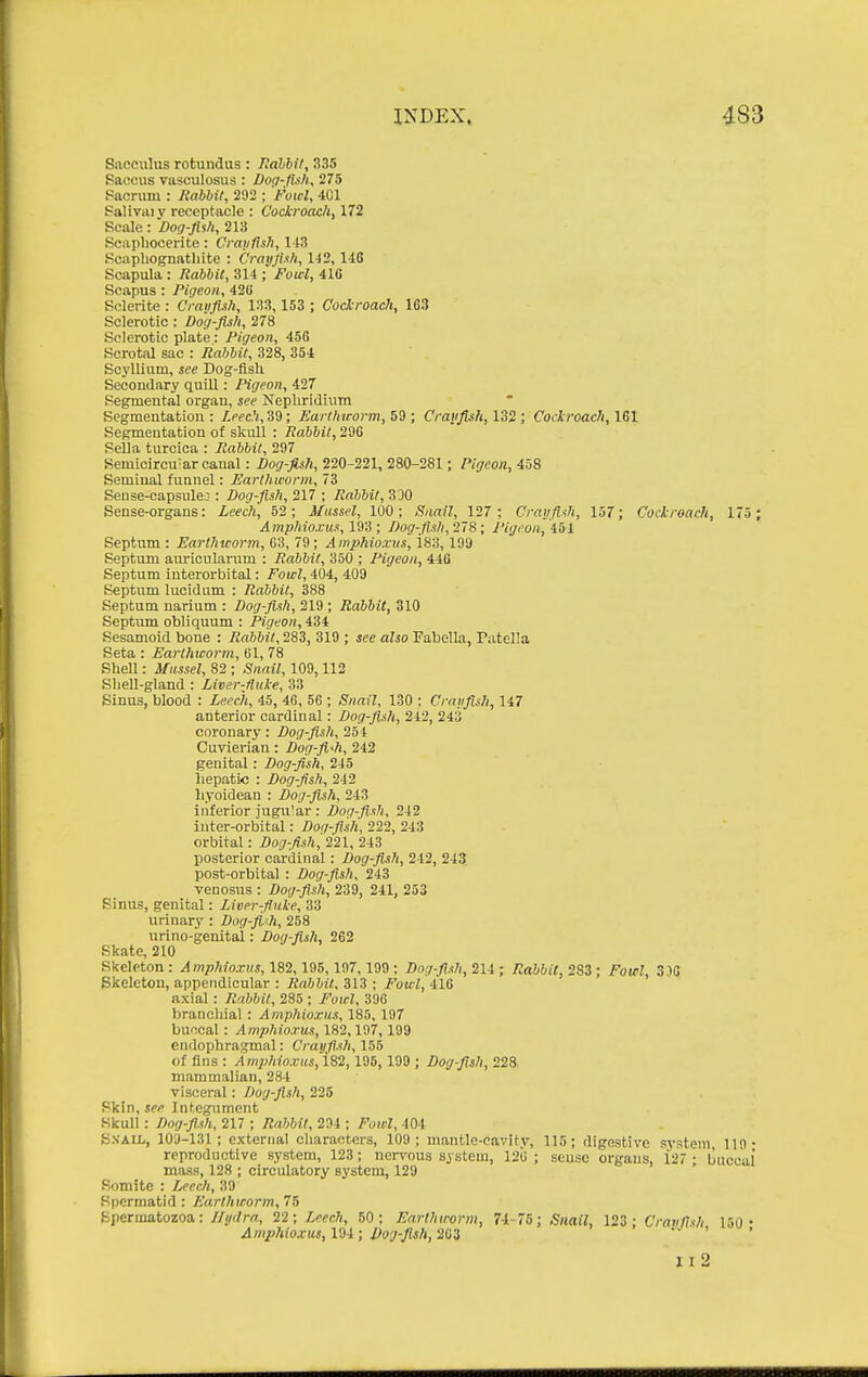 Sacculus rotundas : liahbit, 335 Saccus vasculosus : Dofz-fUh, 275 Sacrum : Jiabbir, 292 ; Fowl, 4C1 Saliviiiy receptacle : Cockroach, 172 Scale: Dog-fish, 213 Scapliocerite : Cravfish, 143 Scaphognathite : Cratjfixh, W2, U6 Scapula : Rabbit, 314 ; Fowl, 416 Scapus : Pigeon, 42U Sclerite : C'raiifish, 133, 153 ; Cockroach, 163 Sclerotic : Dog-fish, 278 Sclerotic plate; Pigeon, 45G Scrotal sac : Rabbit, 328, 354 Scyllium, see Dog-fish Secondary quiU : Pigeon, 427 Segmental oi'gau, see Nephridium * Segmentation : Leech, 39; Earthworm, 59 ; Crayfish, 132 ; Cockroach, 161 Segmentation of skull : Rabbit, 296 Sella turcica : Rabbit, 297 Semicircular canal: Dog-fish, 220-221, 280-281; Pigeon, 458 Seminal funnel: Earthworm, 73 Sense-capsulea : Dog-fish, 217 ; Rabbit, 330 Sense-organs: Leech, 52; Mussel, 100; Snail, 127: Crayfish, 157; Cockroach, 175; A;«/>/i20.C(t,«, 193 ; Dog-fish, 278; Pojcon, Hi. Septum : Earthworm, 63, 79; Awphioxus, i83,199 Septum auricularum : Rabbit, 350 ; Pigeon, 446 Septum interorbital: Foir404, 409 Septum lucidnm : Rabbit, 388 Septum narium : Dog-fish, 219 ; Rabbit, 310 Septum obliquum : Pigeon, 434 Sesamoid bone : Rabbit, 283, 319 ; Me also Fabolla, Patella Seta : Earthworm, 61, 78 Shell: Mussel, 82 ; Snail, 109,112 Shell-gland : Liver-fluke, 33 Sinus, blood : Leech, 45, 46, 56 ; Snail, 130 : Crayfish, 147 anterior cardinal: Dog-fish, 242, 243 coronary: Dog-fish, 254 Cuvierian : Dog-fi<h, 242 genital: Dog-fish, 245 hepatic : Dog-fish, 242 liyoidean : Dog-fish, 243 inferior jugular : Dog-fish, 242 inter-orbital: Dog-fish, 222, 243 orbital: Dog-fish, 221, 243 posterior cardinal : Dog-fish, 242, 243 post-orbital : Dog-fish, 243 venosus : Dog-fish, 239, 241, 253 Sinus, genital: Liver-fluke, 33 urinary : Dog-fi.<h, 258 urino-genitai: Dog-fish, 262 Skate, 210 Skeleton : AmpMoxus, 182, 195, 197, 199 : Dog-fish, 214 ; ^laWrt, 283 ; foioZ, 330 Skeleton, appendicular : Rabbit. 313 : Fowl, 416 axial: Rabbit, 285 ; i^'ou-Z, 396 branchial: Amphioxus, 185,197 buccal : Amphioxus, 182,197,199 eiidophragmal: Crayfish, 155 of fins : Amphioxus, i82,195, 199 ; Dog-fish, 228 mammalian, 284 visceral: Dog-fish, 225 Skin, see Integument Skull : Dog-fi.sh, 217 ; Rabbit, 294 ; Fou^, 404 S.VALL, 109-131; external characters, 109; mantlc-cavitv, 115; digestive system 119 • reproductive system, 123; nervous system, 126 ; seusc organs, i27 • buccul mass, 128 ; circulatory system, 129 ' Somite : Leech, 39 Spermatid : Earthworm, 75 Spermatozoa: Jlyilra, 22; Leecli, 50; Earthworm, 74-75; Snail, 123; Cravfish 150- Amphioxus, Vi\; Dog-fish,  ' ' Ii2