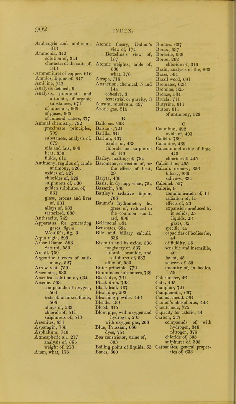 Ambergris and anibrcine, 813 Ammonia, 342 solution of, 344 character of the salts of, 343 •Ammoniuretof copper, G16 Amnios, liquor of, 847 AmiJinc, 747 Analysis defined, 6 Analysis, proximate and ultimate, of organic substances, G71 of minerals, 8(i'J of gases, 8G5 of mineral waters, 877 Animal cliemistry, 792 proximate principles, 702 substances, analysis of, 672 oils and fats, 808 heat, 830 fluids, 815 Antimony, regulus of, crude antimony, 526, oxides of, 527 chlorides of, 529 sulphurets of, 530 golden sulphuret of, 531 glass, crocus and liver of, 531 alloys of, 583 tartarized, G88 Anthracite, 742 Apparatus for generating gases, fig, 4 Woulfe's, fig. 3 Aqua regia, 299 Arbor Dianae, 5G3 Saturni, 550 Archil, 759 Argentine flowers of anti- mony, 527 Arrow root, 750 Arseniates, G33 Arsenical solution of, 634 Arsenic, 503 compounds of oxygen, 504 tests of, in mixed fluids, 506 alloys of, 583 chloride of, 511 sulphurets of, 513 Arsenites, 634 Asparagin, 768 Asphaltum, 740 Atmospheric air, 217 analysis of, 865 weight of, 218 Atom, what, 175 Atomic theory, Dalton's view of, 174 Berzelius's view of, 187 Atomic weights, table of, 886 what, 176 Atropa, 7I6 Attraction, chemical, 5 and 144 cohesive, 3 terrestrial or gravity, 3 Aurum, musivum, 497 Azotic gas, 215 B Balloons, 203 Balsams, 724 Barilla, 641 Barium, 437 oxides of, 438 chloride and sulphuret of, 440 Barley, malting of, 784 Barometer, correction of, for the elFects of heat, 29 Baryta, 438 Basis, in dyeing, what, 754 Bassorin, 768 Battley's sedative liquor, 706 Baumfe's hydrometer, de- grees of, reduced to the common stand- ard, 898 BeU metal, 584 Benzoates, 694 BUe and biliary calculi, 836 Bismuth and its oxide, 536 magistery of, 537 chloride, bromide, and sulphuret of, 537 alloy of, 583 Bitter principle, 772 Bituminous substances, 739 Black dye, 761 Black drop, 708 Black lead, 487 Bleaching, 293 Bleaching powder, 446 Blende, 489 Blood, 815 Blow-pipe, with oxygen and hydrogen, 205 with oxygen gas, 206 Blue, Prussian, 660 dyes, 754 Boa constrictor, urine of, 803 Boiling point of liquids, 63 Bones, 860 Borates, G37 Borax, G37 Boracite, 638 Boron, 282 chloride of, 310 Brain, analysis of the, 863 Brass, 584 Brazil wood, 691 Bromates, 028 Bromine, 325 Bronze, 584 Brucia, ^ 11 Butyrine, 811 Butter, 811 of antimony, 529 C Cadmium, 492 oxide of, 493 CafFein, 769 Calamine, 489 Calcium and oxide of lime, 443 chloride of, 445 Calcination, 405 Calculi, urinary, 856 biliary, 839 salivary, 834 Calomel, 557 Caloric, 9 communication of, 11 radiation of, 15 effects of, 23 expansion produced by in solids, 25 liquids, 28 gases, 32 specific, 45 capacities of bodies for, 44 of fluidity, 55 sensible and insensible, 46 latent, 45 sources of, 80 quantity of, in bodies, 58 Calorimeter, 46 Calx, 405 Camphor, 721 Camphorates, 697 Cannon metal, 584 Canton's phosphorus, 448 Caoutchouc, 725 Capacity for caloric, 44 Carbon, 247 compounds of, with hydrogen, 346 nitrogen, 375 chloride of, 305 sulphuret of, 395 Carbonates, general proper- ties of, 638