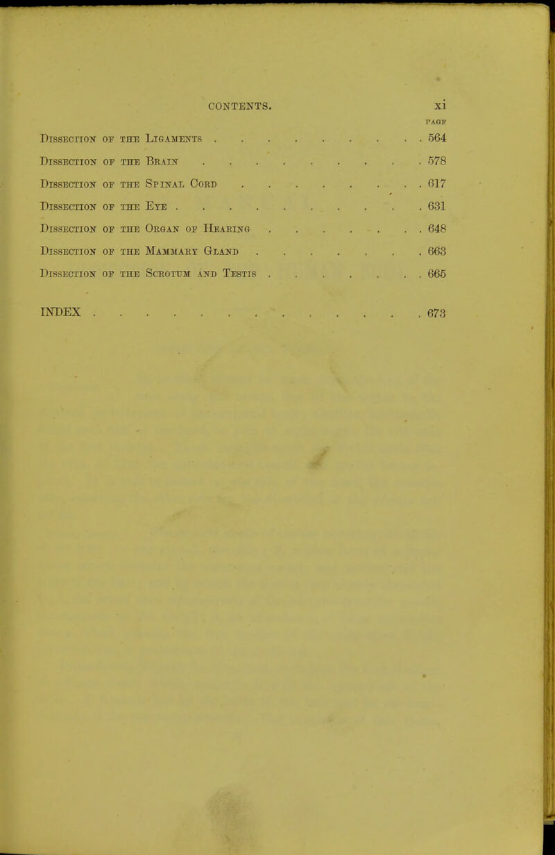 PAGF DiSSECriON OF THE LIGAMENTS 664 Dissection of the Bkain 678 Dissection of the Spinal Cord 617 Dissection of the Eye 631 Dissection of the Organ op Hearing 648 Dissection of the Mammary Gland 663 Dissection of the Scrotum and Testis 665 INDEX 673