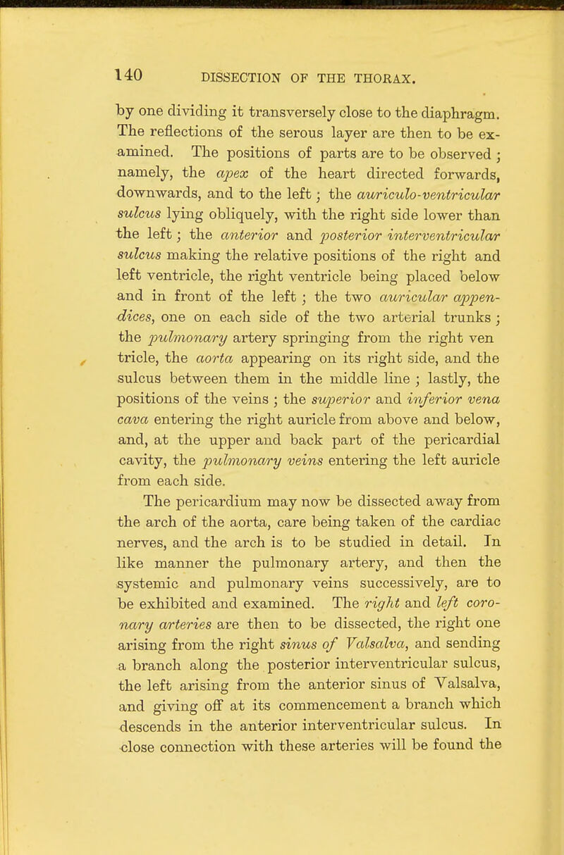 by one dividing it transversely close to the diaphragm. The reflections of the serous layer are then to be ex- amined. The positions of parts are to be observed ; namely, the apex of the heart directed forwards, downwards, and to the left; the auriculo-ventricular sulcus lying obliquely, with the right side lower than the left; the anterior and posterior interventricular sulcus making the relative positions of the right and left ventricle, the right ventricle being placed below and in front of the left; the two auricular appen- dices, one on each side of the two arterial trunks ; the pulmonary artery springing from the right ven tricle, the aorta appearing on its right side, and the sulcus between them in the middle line ; lastly, the positions of the veins ; the superior and inferior vena cava entering the right auricle from above and below, and, at the upper and back part of the pericardial cavity, the pulmonary veins entering the left auricle from each side. The pericardium may now be dissected away from the arch of the aorta, care being taken of the cardiac nerves, and the arch is to be studied in detail. In like manner the pulmonary artery, and then the systemic and pulmonary veins successively, are to be exhibited and examined. The right and left coro- nary arteries are then to be dissected, the right one arising from the right sinus of Valsalva, and sending a branch along the posterior interventricular sulcus, the left arising from the anterior sinus of Valsalva, and giving off at its commencement a branch which descends in the anterior interventricular sulcus. In •close connection with these arteries will be found the