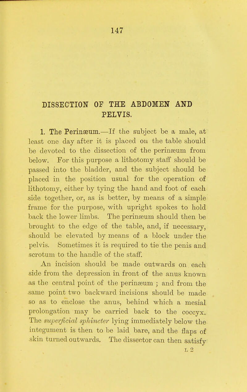 DISSECTION OF THE ABDOMEN AND PELVIS. 1. The Perinseum.—If the subject be a male, at least one day after it is placed on the table should be devoted to the dissection of the perinseum from below. For this purpose a Kthotomy staff should be passed into the bladder, and the subject should be placed in the position usual for the operation of lithotomy, either by tying the hand and foot of each side together, or, as is better, by means of a simple frame for the purpose, with upright spokes to hold back the lower limbs. The perinaeum should then be brought to the edge of the table, and, if necessary, should be elevated by means of a block under the pehds. Sometimes it is required to tie the penis and scrotum to the handle of the staff. An incision should be made outwards on each side from the depression in front of the anus known as the central point of the perinseum ; and from the same point two backward incisions should be made so as to enclose the anus, behind which a mesial prolongation may be carried back to the coccyx. The superficicd s2ohincter lying immediately below the integument is then to be laid bare, and the flaps of skin turned outwards. The dissector can then satisfy L 2