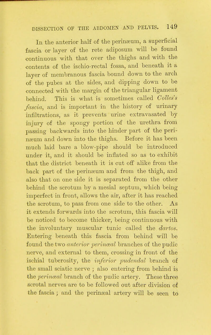 In the anterior half of the perineeum, a superficial fascia or layer of the rete adiposum will be found continuous with that over the thighs and with the contents of the ischio-rectal fossa, and beneath it a layer of membranous fascia bound down to the arch of the pubes at the sides, and dipping down to be connected with the margin of the triangular ligament behind. This is what is sometimes called CGiles's fascia, and is important in the history of urinary infiltrations, as it prevents urine extravasated by injury of the spongy portion of the urethra from passing backwards into the hinder part of the peri- nseum and down into the thighs. Before it has been much laid bare a blow-pipe should be introduced under it, and it should be inflated so as to exhibit that the district beneath it is cut ofi alike from the back part of the periniBum and from the thigh, and also that on one side it is separated from the other behind the scrotum by a mesial septum, which being imperfect in front, allows the air, after it has reached the scrotum, to pass from one side to the other. As it extends forwards into the scrotum, this fascia will be noticed to become thicker, being continuous with the involuntary muscular tunic called the dartos. Entering beneath this fascia from behind will be found the two anterior jJerinoial branches of the pudic nerve, and external to them, crossing in front of the ischial tuberosity, the inferior 2Judendal branch of the small sciatic nerve ; also entering from behind is the perinceal branch of the pudic artery. These three scrotal nerves are to be followed out after division of the fascia; and the perinseal artery will be seen to