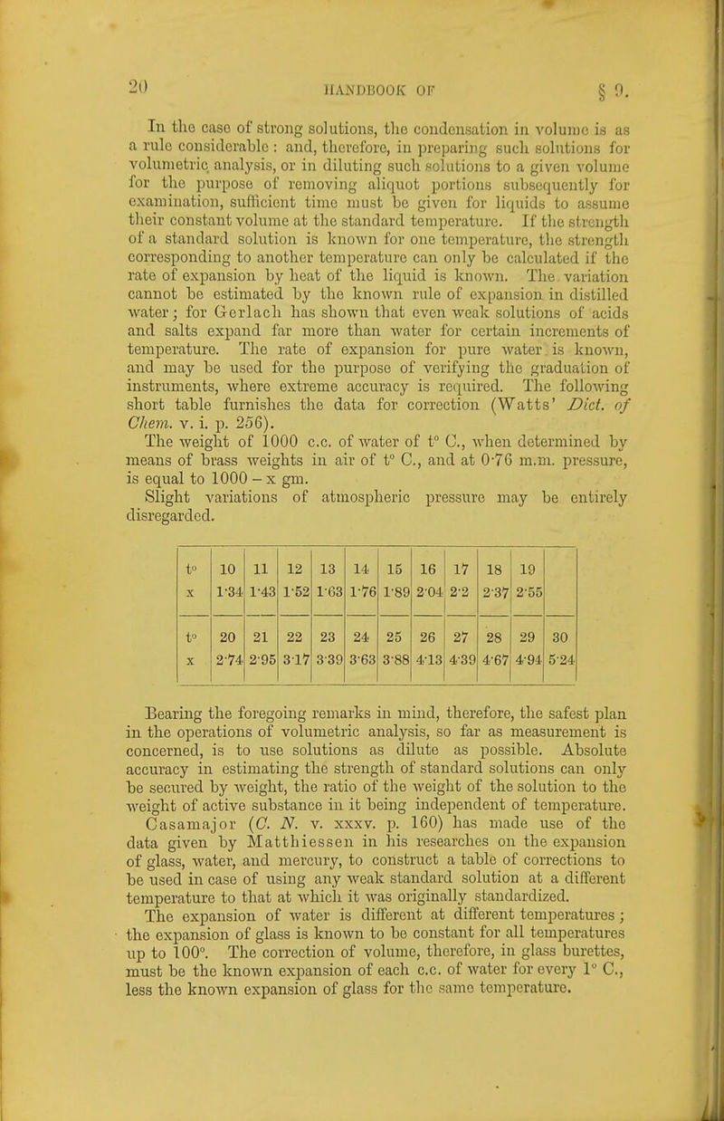 111 the caso of strong solutions, the condensation in volun)e is as a rule considerable : and, therefore, iu preparing such solutions for volumetric analysis, or in diluting such solutions to a given volume for the purpose of removing aliquot portions subsequently for examination, sufficient time must be given for liquids to assume their constant volume at the standard temperature. If the strength of a standard solution is known for one temperature, the strength corresponding to another temperature can only be calculated if the rate of expansion by heat of the liquid is known. The variation cannot be estimated by the known rule of expansion in distilled Avater; for Gerlach has shown that even weak solutions of acids and salts expand far more than water for certain increments of temperature. The rate of expansion for pure water. is known, and may be used for the purpose of verifying the graduation of instruments, where extreme accuracy is required. The following short table furnishes the data for correction (Watts' Did. of Chem. V. i. p. 256). The weight of 1000 c.c. of water of t° C, when determined by means of brass weights in air of t° C, and at 076 m.m. pressure, is equal to 1000 - x gm. Slight variations of atmospheric pressure may be entirely disregarded. to 10 11 12 13 14 15 16 17 18 19 X 1-34. 1-43 1-52 1-63 1-76 1-89 2-04 2-2 2-37 2-55 t° 20 21 22 23 24 25 26 27 28 29 30 X 2-74 2-95 317 3-39 3-63 3-88 4-13 4-39 4-67 4-94 5-24 Bearing the foregoing remarks in mind, therefore, the safest plan in the operations of volumetric analysis, so far as measurement is concerned, is to use solutions as dilute as possible. Absolute accuracy in estimating the strength of standard solutions can only be secured by Aveight, the ratio of the Aveight of the solution to the Aveight of active substance in it being independent of temperature. Casamajor {C. N. v. xxxv. p. 160) has made use of the data given by Matthiessen in his researches on the expansion of glass, water, and mercury, to construct a table of corrections to be used in case of using any weak standard solution at a different temperature to that at Avhich it Avas originally standardized. The expansion of water is different at different temperatures ; the expansion of glass is known to be constant for all temperatures up to 100°. The correction of volume, therefore, in glass burettes, must be the known expansion of each c.c. of water for every PC, less the known expansion of glass for the same temperature.