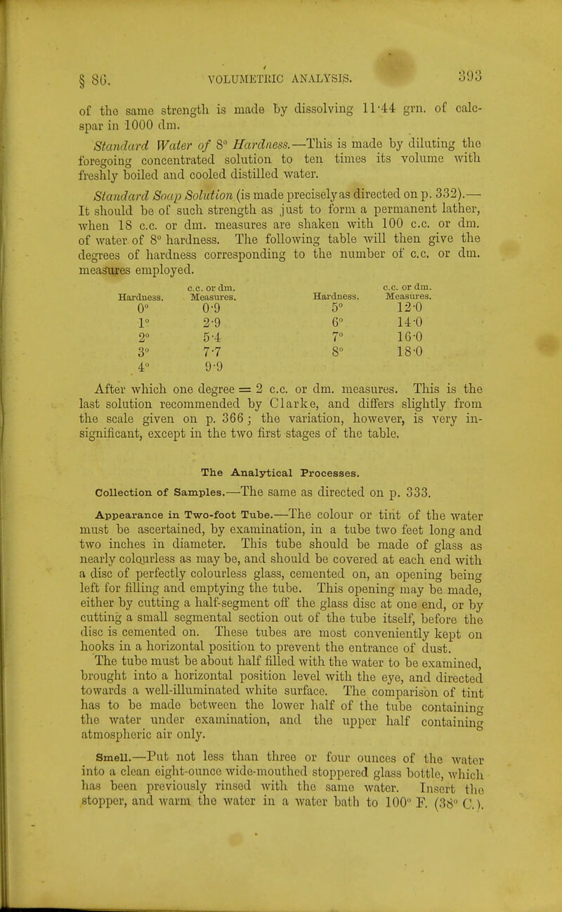 of the same strength is made by dissolving 11-44 grn. of calc- spar in 1000 dm. Standard Water of W Hardness.—This is made by diluting the foregoing concentrated solution to ten times its volume with freshly boiled and cooled distilled water. Standard Snap Solution (is made preciselyas directed on p. 332).— It .should be of such strength as just to form a permanent lather, when 18 c.c. or dm. measures are shaken with 100 c.c. or dm. of water of 8 hardness. The following table will then give the degrees of hardness corresponding to the number of c.c. or dm. measures employed. c.c. or dm. c.c. or dm. Hai'duess. Measures. Hardness. Measui-es. 0 0-9 5° 12-0 1° 2-9 6° 14-0 2° 5-4 70 16-0 3 7-7 8 18-0 40 9-9 After which one degree = 2 c.c. or dm. measures. This is the last solution recommended by Clarke, and differs slightly from the scale given on p. 366 ; the variation, however, is very in- significant, except in the two first stages of the table. The Analytical Processes. Collection of Samples.—The same as directed on p. 333. Appearance in Two-foot Tube.—The colour or tint of the water must be ascertained, by examination, in a tube two feet long and two inches in diameter. This tube should be made of glass as nearly colourless as may be, and should be covered at each end with a disc of perfectly colourless glass, cemented on, an opening being left for filling and emptying the tube. This opening may be made, either by cutting a half-segment off the glass disc at one end, or by cutting a small segmental section out of the tube itself, before the disc is cemented on. These tubes are most conveniently kept on hooks in a horizontal position to prevent the entrance of dust. The tube must be about half filled with the water to be examined, brought into a horizontal position level with the eye, and directed towards a well-illuminated white surface. The comparison of tint has to be made between the lo wer half of the tube containing the water under examination, and the upper half containino- atmosplieric air only. Smell.—Put not less than three or four ounces of the Avater into a clean eight-ounce wide-mouthed stoppered glass bottle, which has been previously rinsed with the same water. Insert the stopper, and warm the water in a water bath to 100 F. (38 C).