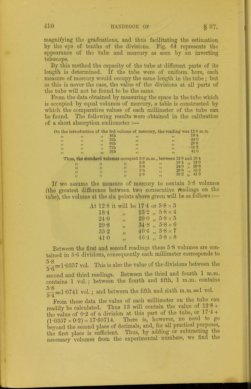 -ilO HANDBOOK OF il^ 87. magnifying the graduations, and thus facilitating the estimation by the eye of tenths of the divisions. Fig. 64- represents the appearance of the tube and mercury as seen by an inverting telescope. By this method the capacity of the tube at different parts of its length is determined. If the tube were of uniform bore, each measure of mercury would occupy the same length in the tube; but ns this is never the case, the value of the divisions at all parts of the tube will not be found to be the same. From the data obtained by measuring the space in the tube which is occupied by equal volumes of mercury, a table is constructed by which the comparative values of each millimeter of the tube can be found. The following results were obtained in the calibration of a short absorption eudiometer :— On the introduction of the 3rd volume of mercury, the reading was 12 8 m.m. 4th „ 18-4 „ 5th „ „ 24-0 „ 6th „ „ 29-8 „ „ ,, 7th „ „ S5-2 ., 8th „ „ 41-0 Thua, the standard volumes occupied 5'6 m.m., between 12'8 and 18*4 5-6 „ 18-4 „ 24-0 5-8 „ 24-0 „ 29-8 5- 4 „ 29-8 „ 35-2 6- 8 „ 35-2 /„ 41-0 If we assume the measure of mercury to contain 5'8 volumes (the greatest difference between two consecutive leadings on the tube), the volume at the six points above given will be as follows :— At 12-8 it will be 17-4 or 5-8 x 3 18-4 „ 23-2 „ 5-8 x 4 24-0 „ 29-0 „ 5-8x5 29-8 „ 34-8 „ 5-8 x 6 35-2 „ 40-6 „ 5-8 x 7 41-0 „ 46-4 „• 5-8x8 Between the first and second readings these 5-8 volumes are con- tained in 5-6 divisions, consequently each millimeter corresponds to —- = 1-0357 vol. This is also the value of the divisions between the 5-6 second and third readings. Between the third and fourth 1 m.m. contains 1 vol.; between the fourth and fifth, 1 m.m. contains —=1-0741 vol. : and between the fifth and sixth m.m.=l vol. From these data the value of each millimeter on the tube can readily be calculated. Thus 13 will contain the value of 12-8 + the value of 0-2 of a division at this part of the tube, or 17-4 + (1-0357 X 0-2) = 17-60714. There is, however, no need to go beyond the second place of decimals, and, for aU practical purposes, the first place is sufficient. Thus, by adding or subtracting the necessary volumes from the experimental numbers, we find the