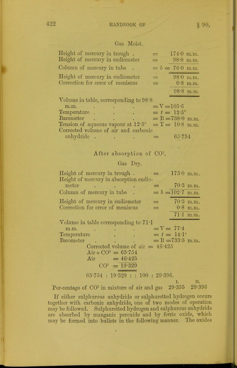 Gas Moist. Height of mercury ill trough . = 174'0 in.m. Height of mercury in eudiometer = 98-0 m.m. Column of mercury in tube . = = 76-0 m.m. Height of mercury in eudiometer = 98*0 m.m. Correction for error of meniscus = 0-8 m.m, 98-8 m.m. Vohime in tahle, corresponding to 98-8 m.m. . . . =V=105-G Temperature . . . =z t = 12-5° Earometer . . . = B =738-0 m.m. Tension of aqueous vapour at 12-5° = T = 10-8 m.m. Corrected vohime of air and carhonic anhydride . . . = C-j'754 After absorption of CO. Gas Dry. Height of mercury in trough . = 173-0 m.m. Height of mercury in absorption eudio- meter . . . =70-3 m.m. Column of mercury in tube . = b =102-7 m.m. Height of mercury in eudiometer = 70-3 m.m. Correction for error of meniscus = 0-8 m.m. 71-1 m.m. Volume in table corresponding to 71 1 m.m. . . . =V= 77-4 Temperature . . = t = 14-1° Barometer . . . = B =733-5 m.m. Corrected volume of air = 4G'425 Air + CO- = 65-754 Air = 46-425 CO- = 19-329 05-754 : 19-329 : : 100 : 29-396. I. ir. Per-centage of CO in mixture of air and gas 29-355 29-396 If either sulphurous anhydride or sulphuretted hydrogen occurs together with carbonic anhydride, one of two modes of operation may be followed. Sulphuretted hydrogen and sulphurous anhydride are absorbed by manganic peroxide and by ferric oxide, which may be formed into bullets in the following manner. The oxides