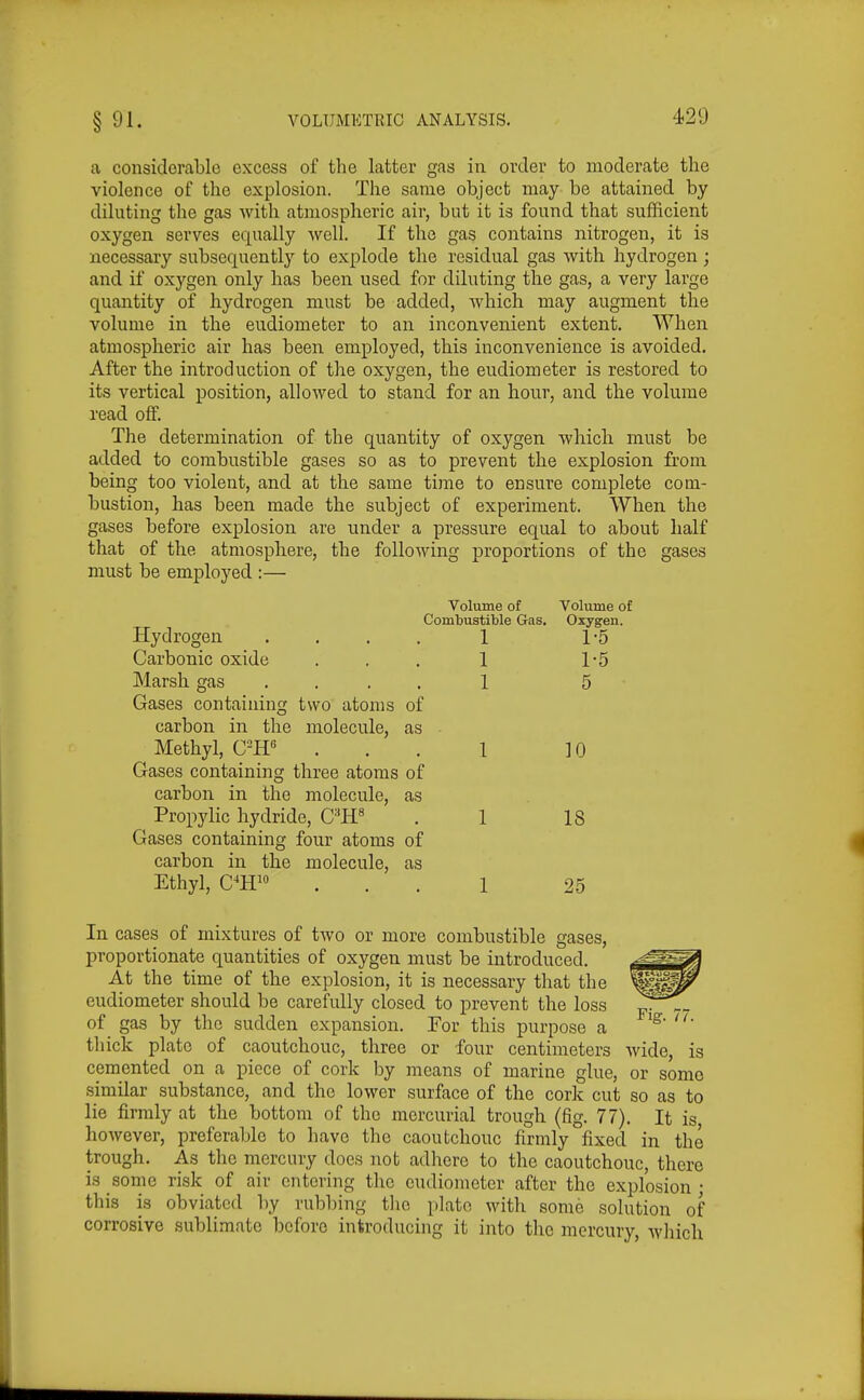 a considerable excess of the latter gas in order to moderate the violence of the explosion. The same object may be attained by diluting the gas with atmospheric air, but it is found that sufficient oxygen serves equally well. If the gas contains nitrogen, it is necessary subsequentl}'' to explode the residual gas with hydrogen; and if oxygen only has been used for diluting the gas, a very large quantity of hydrogen must be added, Avhich may augment the volume in the eudiometer to an inconvenient extent. When atmospheric air has been employed, this inconvenience is avoided. After the introduction of the oxygen, the eudiometer is restored to its vertical position, allowed to stand for an hour, and the volume read off. The determination of the quantity of oxygen which must be added to combustible gases so as to prevent the explosion from being too violent, and at the same time to ensure complete com- bustion, has been made the subject of experiment. When the gases before explosion are under a pressure equal to about half that of the atmosphere, the following proportions of the gases must be employed :— Volume of Volume of Combustible Gas. Oxygen. Hydrogen .... 1 1-5 Carbonic oxide . . . 1 1-5 Marsh gas .... 1 5 Gases containing two atoms of carbon in the molecule, as Methyl, C-H« ... 1 10 Gases containing three atoms of carbon in the molecule, as Propylic hydride, C''H« . 1 18 Gases containing four atoms of carbon in the molecule, as Ethyl, C'W> ... 1 25 In cases of mixtures of two or more combustible gases, proportionate quantities of oxygen must be introduced. At the time of the explosion, it is necessary that the eudiometer should be carefully closed to prevent the loss of gas by the sudden expansion. For this purpose a thick plate of caoutchouc, three or four centimeters Avide, is cemented on a piece of cork by means of marine glue, or some similar substance, and the lower surface of the cork cut so as to lie firmly at the bottom of the mercurial trough (fig. 77). It is however, preferable to have the caoutchouc firmly fixed in the trough. As the mercury does not adhere to the caoutchouc, there is some risk of air entering the eudiometer after the explosion • this is obviated by rubbing the plate with some solution of corrosive .sublimate before introducing it into the mercury, which