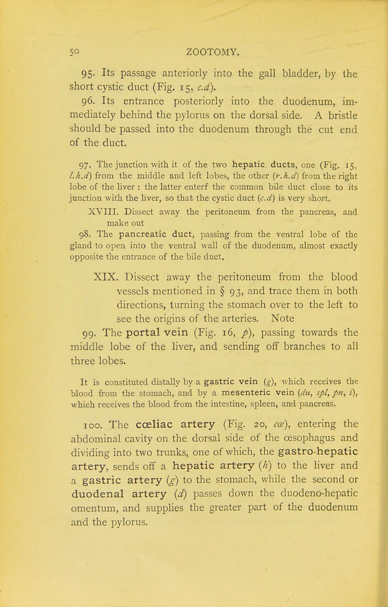 95. Its passage anteriorly into the gall bladder, by the short cystic duct (Fig. 15, c.d). 96. Its entrance posteriorly into the duodenum, im- mediately behind the pylorus on the dorsal side. A bristle should be passed into the duodenum through the cut end of the duct. 97. The junction with it of the two hepatic ducts, one (Fig. 15, l.h.d) from the middle and left lobes, the other (r.h.d) from the right lobe of the liver : the latter enterf the common bile duct close to its junction with the liver, so that the cystic duct [c.d) is very short. XVIII. Dissect away the peritoneum from the pancreas, and make out 98. The pancreatic duct, passing from the ventral lobe of the gland to open into the ventral wall of the duodenum, almost exactly opposite the enti-ance of the bile duct. XIX. Dissect away the peritoneum from the blood vessels mentioned in § 93, and trace them in both directions, turning the stomach over to the left to see the origins of the arteries. Note 99. The portal vein (Fig. 16, p), passing towards the middle lobe of the liver, and sending off branches to all three lobes. It is constituted distally by a gastric vein (g), which receives the blood from the stomach, and by a mesenteric vein (dti, spl, pn, i), which receives the blood from the intestine, spleen, and pancreas. 100. The coeliac artery (Fig. 20, ca), entering the abdominal cavity on the dorsal side of the oesophagus and dividing into two trunks, one of which, the gastro-hepatic artery, sends off a hepatic artery {li) to the liver and a gastric artery (^) to the stomach, while the second or duodenal artery {d) passes down the duodeno-hepatic omentum, and supplies the greater part of the duodenum and the pylorus.