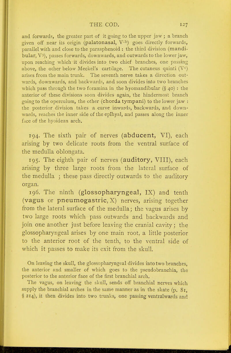 and forwards, the greater part of it going to the upper jaw ; a branch given off near its origin (palatonasal, V-*) goes directly forwards, parallel with and close to the parasphenoid : the third division (mandi- bular, V3), passes forwards, downwards, and outwards to the lower jaw, upon reaching which it divides into two chief branches, one passing above, the other below Meckel's cartilage. The cutaneus quinti (V^) arises from the main trunk. The seventh nerve takes a direction out- wards, downwards, and backward?, and soon divides into two branches which pass through the two foramina in the hyomandibular (§ 40) : the anterior of these divisions soon divides again, the hindermost branch going to the operculum, the other (chorda tympani) to the lower jaw : the posterior division takes a curve iiiwards, backwards, and down- wards, reaches the imier side of the epihyal, and passes along the inner fice of the hyoidean arch. 194. The sixth pair of nerves (abducent, VI), each arising by two delicate roots from the ventral surface of the medulla oblongata, 195. The eighth pair of nerves (auditory, VIII), each arising by three large roots from the lateral surface of the medulla ; these pass directly outwards to the auditory organ. 196. The ninth (glossopharyngeal, IX) and tenth (vagus or pneumogastric, X) nerves, arising together from the lateral surface of the medulla; the vagus arises by two large roots which pass outwards and backwards and join one another just before leaving the cranial cavity; the glossopharyngeal arises by one main root, a little posterior to the anterior root of the tenth, to the ventral side of which it passes to make its exit from the skull. On leaving the skull, the glossopharyngeal divides into two branches, the anterior and smaller of which goes to the pseudobranchia, the posterior to the anterior face of the first branchial arch. The vagus, on leaving the skull, sends olT branchial nerves which supply the branchial arches in the same manner as in the skate (p. 81, § 214), it then divides into two trunks, one passing ventralwards and