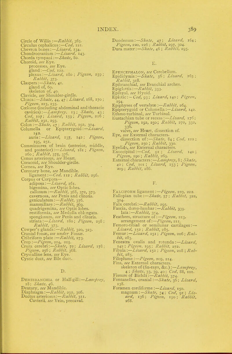 Circle of Willis i—KalM, 365. Circulus cephalicus:—Coti, 121. Chevrt-n bones:—Lizard, 134. Chondrocranium :—Lizard, 143. Chorda tympani:—Skate, 80. Choroid, see Kye. processes, see Eye. gland:—Cod, 122. ple.xus:—Lizard, iSo ; Pigeon, 259; Rabbit, 373. Claspers:—Skate, 41. gland of, 60. skeleton of, 40. Clavicle, see Shoulder-girdle. Cloaca:—Skate, 44, 47 ; Lizard, 168, 170 ; Pigeon, 223, 235. Coelome (including abdominal and thoracic cavities):—Lamprey, 13; Skate, 43; Cod, 107; Lizard, 159; Pigeon, 216; Rabbit, 231, 293. Colon :—Skate, 47 ; Rabbit, 292, 304. Columella or Epipterygoid:—Lizard, 142. auris: —Zzs(ir(/, 137, 142; Pigeon, 195. 251- Commissures of brain (anterior, middle, and posterior) :—Lizard, 181 ; Pigeon, 260 ; Rabbit, 375, 376. Conus arteriosus, see Heart. Coracoid, see Shoulder-girdle. Cornea, see Eye. Coronary bone, see Mandible. ligament:-—Cod, 112 ; Rabbit, 296. Corpus or Corpora— adiposa:—Lizard, 161. bigemina, see Optic lobes. callosum:—Rabbit, 368, 372, 373. cavernosa, see Penis and clitoris. geniculatum:—Rabbit, y](s. mammiUare :—Rabbit, 369. quadrigemina, see Optic lobes. restiformia, see Bledulla oblongata. spongiosum, see Penis and clitoris. striata:—Lizard, 180; Pigeon, 258; Rabbit, 373. Cowper's glands:—Rabbit, 320, 323. Cranial fossse, see render Fossas. Cribriform plate :—Rabbit, 273. Crop:—Pigeon, 2x4, 215. Crura cerebri:—Skate, 72; Lizard, 178; Pigeon, 256 ; Rabbit, 368. CrystalHne lens, see Eye. Cystic duct, see Bile duct. D. Demibkanchia or Half-gill:—Lamprey, 18; Skate, 46. Dentary, see M.indible. Diaphragm:—Rabbit, 292, 306. Ductus arteriosus:—Rabbit, 311. Cuvierii, see Vein, precaval. Duodenum:—Skate, 47; Lizard, 164; Pigeon, 220, 226 ; Rabbit, 297, 304. Dura mater:—Skate, 46 ; Rabbit, 295. E. Epencephalon, see Cerebellum. Epididymis :—3'/ia^t', 56; Lizard, 165; Rabbit, 318. Epibranchial, see Branchial arches. Epiglottis :—Rabbit, 333. Epihyal, see Hyoid. Epiotic: — Cfi^, 93 ; Lizard, xip; Pigeon, 194. Epiphyses of vertebrae :—Rabbit, 264. Epipterygoid or Columella :—Lizard, 142. Ethmo-turbinal, see Turbinal. Eustachian tube or recess :—Lizard, 176 ; Pigeon, 192, 250; Rabbit, 272, 332, 336. valve, see Heart, dissection of Eye, see External characters. dissection of:—Skate, 84; Cod, 122; Pigeon, 250 ; Rabbit, 330. Eyelids, see External characters. Exoccipital:—Cod, 91 ; Lizard, 140; Pigeon, igo ; Rabbit, 269. External characters:—Lamprey, 8; Skate, 40; Cod, xox ; Lizard, 153 ; Pigeon, 209 ; Rabbit, 286. F. Falciform ligament:—Pigeon, 219, 222. Fallopian tube:—Skate, 57; Rabbit, 322, 324- Fal.x cerebri:—Rabbit, 295. Fascia, dorso-lumbar:—Rabbit, 339. lata:—Rabbit, 354. Feathers, structure of:—Pigeon, 213. arrangement of:—Pigeon, 211. Femoro-tibial or semilunar cartilages: — Lizard, 152 ; Rabbit, 285. Femur:—Lizard, 151; Pigeon, 206; Rab- bit, 283. Fenestra ovalis and rotunda:—Lizard, 142 ; Pigeon, 195; Rabbit, 272. Fibula -.—Lizard, 152 ; Pigeon, 208 ; /Crti- 285. Filoplume :—Pigeon, 209, 214. Fins, see External characters. skeleton of (fin-rays, &c.) :—Lamprey, 4 ; Skate, 33, 39, 40; Cod, 88, 101. Fissure of Bichat:—Rabbit, 374. Fontanelles, cranial:—Skate, 36; Lizard, 138. Foramen cordiforme :—Lizard, 150. m^g-!mm\—Skate, 34; Cod, 91; Liz- ard, 136; Pigeon, 190; Rabbit, 268.