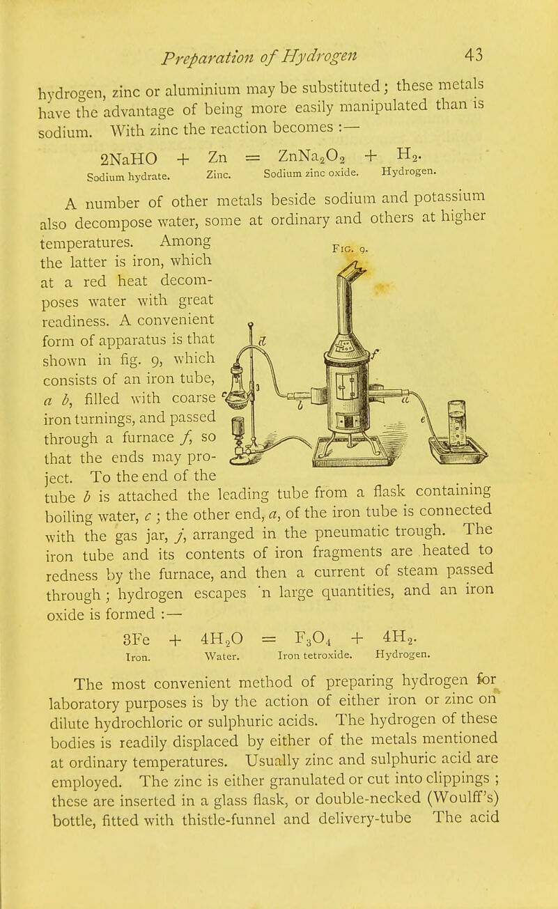 hydrogen, zinc or aluminium may be substituted; these metals have the advantage of being more easily manipulated than is sodium. With zinc the reaction becomes :— 2NaH0 + Sodium hydrate. Zn = ZnNajOa + Hg. Zinc. Sodium zinc oxide. Hydrogen. Fig. q. A number of other metals beside sodium and potassium also decompose water, some at ordinary and others at higher temperatures. Among the latter is iron, which at a red heat decom- poses water with great readiness. A convenient form of apparatus is that shown in fig. 9, which consists of an iron tube, a b, filled with coarse iron turnings, and passed through a furnace / so that the ends may pro- ject. To the end of the tube b is attached the leading tube from a flask containing boiling water, c ; the other end, a, of the iron tube is connected with the gas jar, >, arranged in the pneumatic trough. The iron tube and its contents of iron fragments are heated to redness by the furnace, and then a current of steam passed through; hydrogen escapes 'n large quantities, and an iron oxide is formed : — SFe 4- 4H2O = F3O4 + 4H.2. Iron. Water. Iron tetroxide. Hydrogen. The most convenient method of preparing hydrogen for laboratory purposes is by the action of either iron or zinc on dilute hydrochloric or sulphuric acids. The hydrogen of these bodies is readily displaced by either of the metals mentioned at ordinary temperatures. Usually zinc and sulphuric acid are employed. The zinc is either granulated or cut into clippings ; these are inserted in a glass flask, or double-necked (Woulfl's) bottle, fitted with thistle-funnel and delivery-tube The acid