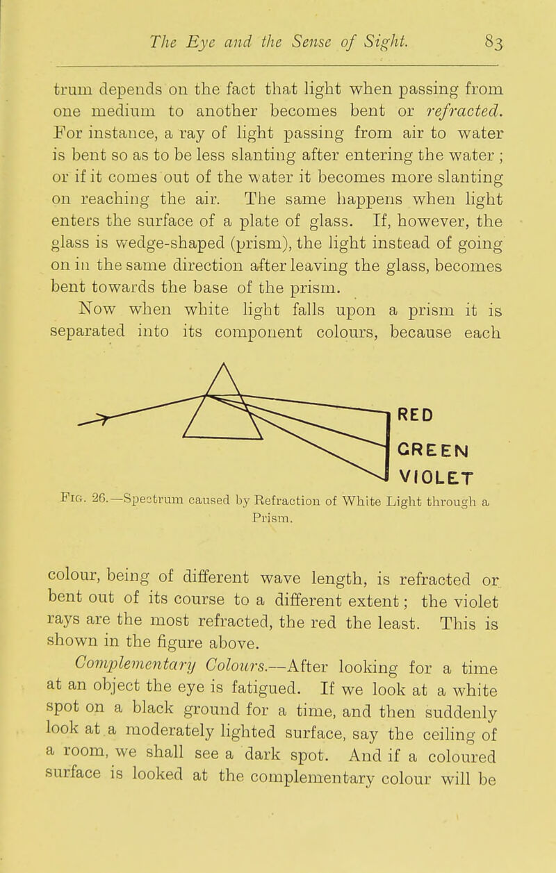 trum depends on the fact that hght when passing from one medium to another becomes bent or refracted. For instance, a ray of Hght passing from air to water is bent so as to be less slanting after entering the water ; or if it comes out of the water it becomes more slanting on reaching the air. The same happens when light enters the surface of a plate of glass. If, however, the glass is wedge-shaped (prism), the light instead of going on in the same direction after leaving the glass, becomes bent towards the base of the prism. Now when white light falls upon a prism it is separated into its component colours, because each RED GREEN VIOLET Pig. 26.—Spectrum caused by Refraction of White Liglit througli £l Prism. colour, being of different wave length, is refracted or bent out of its course to a different extent; the violet rays are the most refracted, the red the least. This is shown in the figure above. Comxilementary Colours.—Mier looking for a time at an object the eye is fatigued. If we look at a white spot on a black ground for a time, and then suddenly look at a moderately lighted surface, say the ceiling of a room, we shall see a dark spot. And if a coloured surface is looked at the complementary colour will be