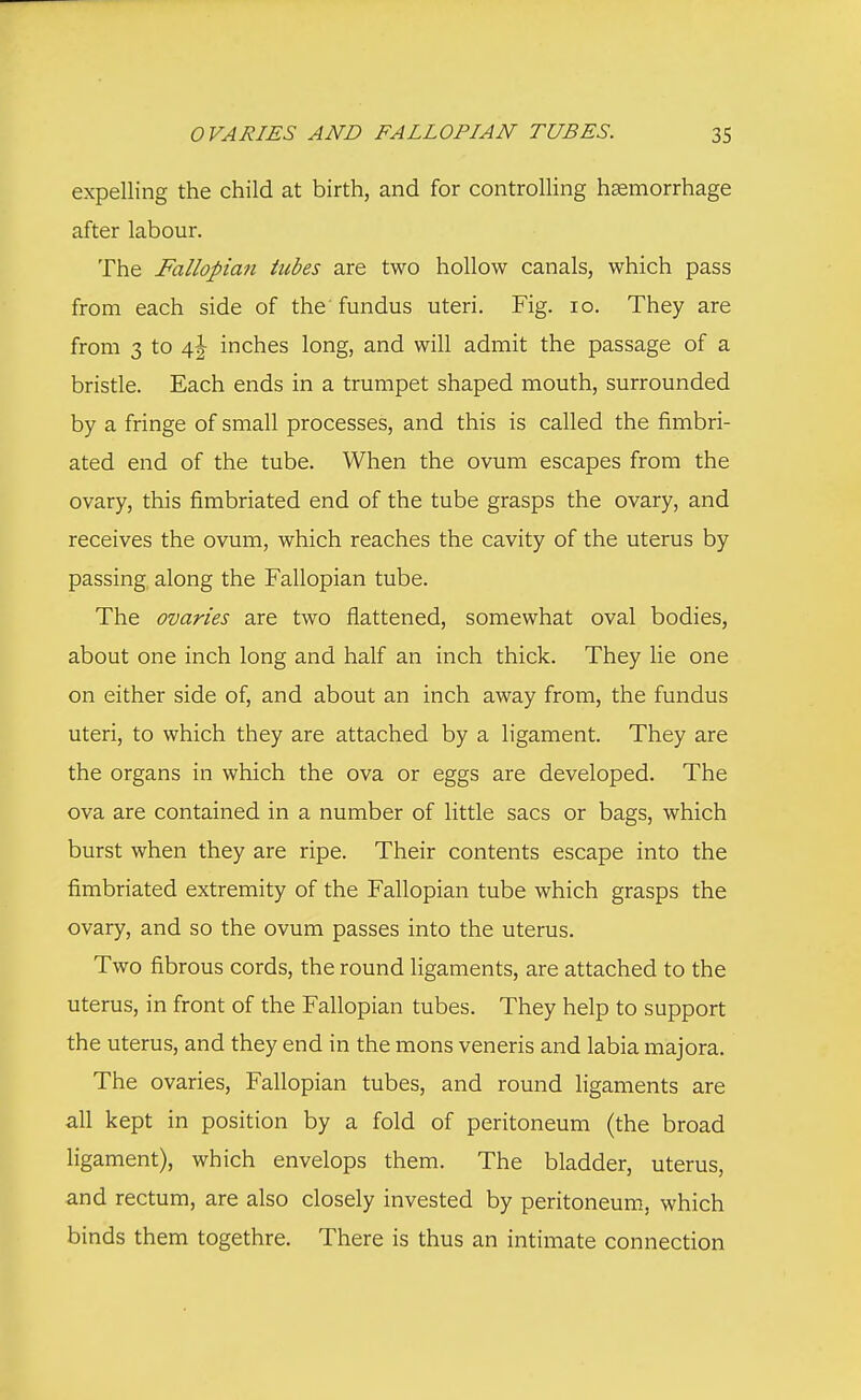 expelling the child at birth, and for controlling haemorrhage after labour. The Fallopian tubes are two hollow canals, which pass from each side of the 'fundus uteri. Fig. 10. They are from 3 to \\ inches long, and will admit the passage of a bristle. Each ends in a trumpet shaped mouth, surrounded by a fringe of small processes, and this is called the fimbri- ated end of the tube. When the ovum escapes from the ovary, this fimbriated end of the tube grasps the ovary, and receives the ovum, which reaches the cavity of the uterus by passing along the Fallopian tube. The ovaries are two flattened, somewhat oval bodies, about one inch long and half an inch thick. They lie one on either side of, and about an inch away from, the fundus uteri, to which they are attached by a ligament. They are the organs in which the ova or eggs are developed. The ova are contained in a number of little sacs or bags, which burst when they are ripe. Their contents escape into the fimbriated extremity of the Fallopian tube which grasps the ovary, and so the ovum passes into the uterus. Two fibrous cords, the round ligaments, are attached to the uterus, in front of the Fallopian tubes. They help to support the uterus, and they end in the mons veneris and labia majora. The ovaries, Fallopian tubes, and round ligaments are all kept in position by a fold of peritoneum (the broad ligament), which envelops them. The bladder, uterus, and rectum, are also closely invested by peritoneum, which binds them togethre. There is thus an intimate connection