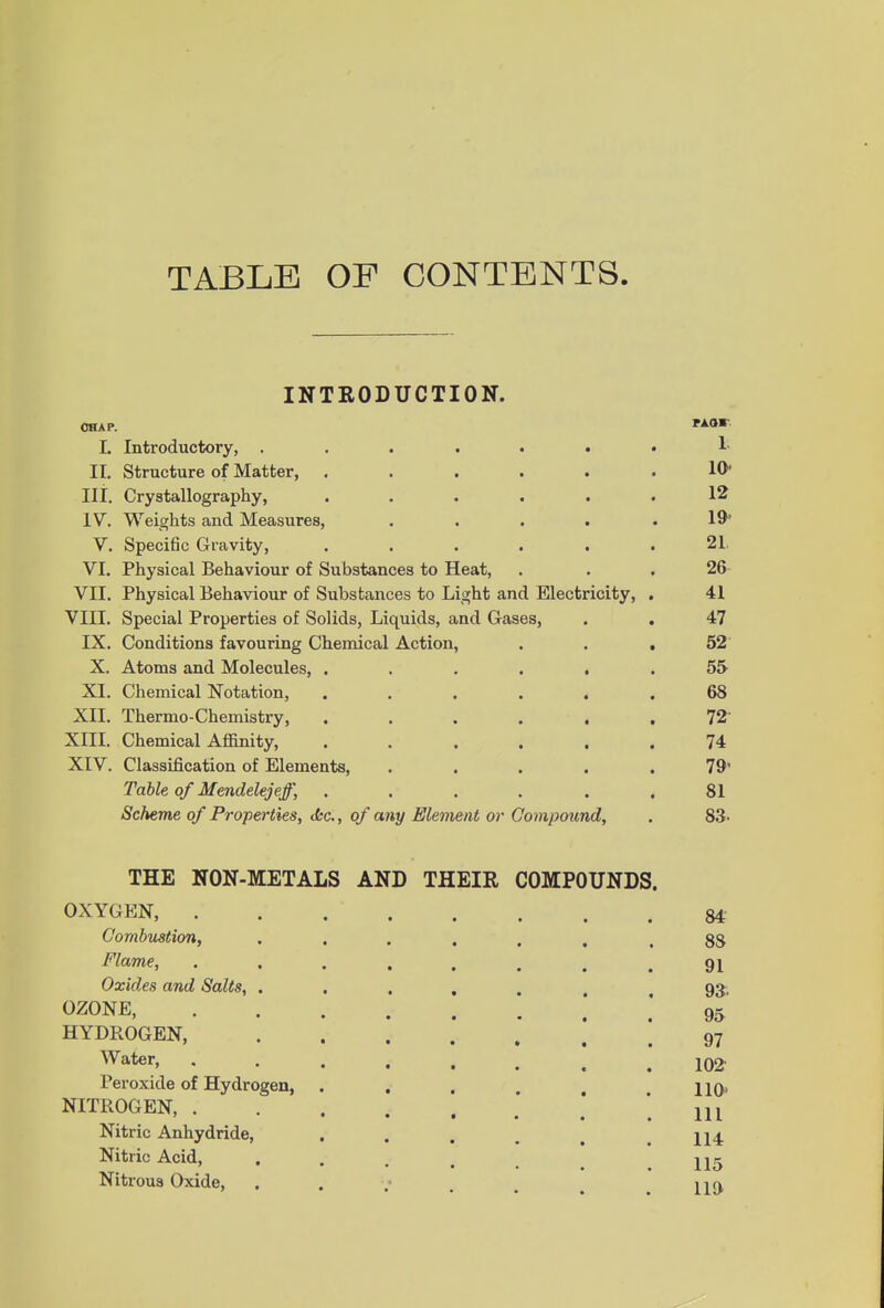 TABLE OF CONTENTS INTRODUCTION. CHAP. rAO' I. Introductory, ....... 1 II. Structure of Matter, ...... 10* III. Crystallography, ...... 12 IV. Weights and Measures, . . . . .19' V. Specific Gravity, ...... 21. VI. Physical Behaviour of Substances to Heat, . . . 26 VII. Physical Behaviour of Substances to Light and Electricity, . 41 VIII. Special Properties of Solids, Liquids, and Gases, . . 47 IX. Conditions favouring Chemical Action, . . , 52 X. Atoms and Molecules, ...... 55 XL Chemical Notation, ...... 68 XII. Thermo-Chemistry, ...... 72 XIII. Chemical Affinity, ...... 74 XIV. Classification of Elements, ..... 79' Table of Mendelejeff, ...... 81 Scheme of Properties, tfcc., of any Element or Compound, . 83- THE NON-METALS AND THEIR COMPOUNDS. OXYGEN, 84 Combustion, ....... 88 Flame, ........ 91 Oxides and Salts, .... 93 OZONE, 95 HYDROGEN, 97 Water, ........ 102 Peroxide of Hydrogen, . . . . , hq, NITROGEN, ' m Nitric Anhydride, .... 114 Nitric Acid, ..... 115 Nitrous Oxide, .... U9,