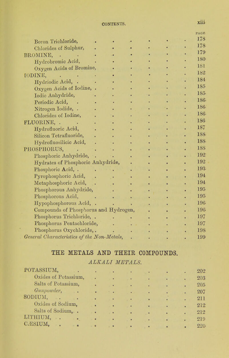 CONTENTS. ™* PAGE Boron Trichloride, 17S Chlorides of Sulphur, .178 BROMINE, . }™ Hydrobromic Acid, Oxygen Acids of Bromine, ..... IODINE, lbZ Hydriodic Acid, 1S* Oxygen Acids of Iodine, 185 Iodic Anhydride, ...... 185 Periodic Acid, 186 Nitrogen Iodide, 186 Chlorides of Iodine, . . . • • .186 FLUORINE, Hydrofluoric Acid, ...... 187 Silicon Tetrafluoride, ...... 1S8 Hydrofluosilicic Acid, ...... 188 PHOSPHORUS, 18S Phosphoric Anhydride, ...... 192 Hydrates of Phosphoric Anhydride, .... 192 Phosphoric Acid, ....... 193 Pyrophosphoric Acid, . . . . . .194 Metaphosphoric Acid, . . . . . .194 Phosphorous Anhydride, ..... 195 Phosphorous Acid, . . . , . .195 Hypophosphorous Acid, ...... 196 Compounds of Phosphorus and Hydrogen, . . .196 Phosphorus Trichloride, . . . . . .197 Phosphorus Pentachloride, ..... 197 Phosphorus Oxychloride,...... 198 General Characteristics of the Non-Metals, .... 199 THE METALS AND THEIR COMPOUNDS. ALKALI METALS. POTASSIUM, 202 Oxides of Potassium, ...... 203 Salts of Potassium, ...... 205 Gunpowder, . ... . . , , 207 SODIUM, ! 211 Oxides of Sodium, ...... 212 Salts of Sodium, . . . . , , .212 LITHIUM, 219 CAESIUM, . .220