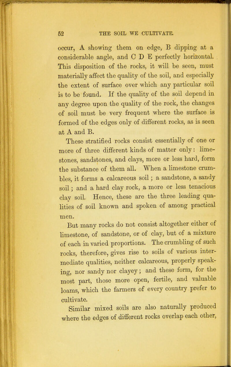 occur, A showing them on edge, B dipping at a considerable angle, and C D E perfectly horizontal. This disposition of the rocks, it will be seen, must materially affect the quality of the soil, and especially the extent of surface over which any particular soil is to be found. If the quality of the soil depend in any degree upon the quality of the rock, the changes of soil must be very frequent where the surface is formed of the edges only of different rocks, as is seen at A and B. These stratified rocks consist essentially of one or more of three different kinds of matter only: lime- stones, sandstones, and clays, more or less hard, form the substance of them all. When a limestone crum- bles, it forms a calcareous soil; a sandstone, a sandy soil; and a hard clay rock, a more or less tenacious clay soil. Hence, these are the three leading qua- lities of soil known and spoken of among practical men. But many rocks do not consist altogether either of limestone, of sandstone, or of clay, but of a mixture of each in varied proportions. The crumbling of such rocks, therefore, gives rise to soils of various inter- mediate qualities, neither calcareous, properly speak- ing, nor sandy nor clayey; and these form, for the most part, those more open, fertile, and valuable loams, which the farmers of every country prefer to cultivate. Similar mixed soils are also naturally produced where the edges of different rocks overlap each other.