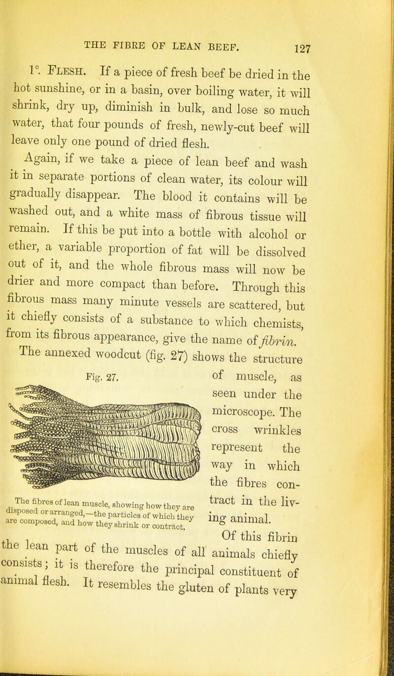 1° Flesh. If a piece of fresh beef be dried in the hot sunshine, or in a basin, over boiling water, it will shrink, dry up, diminish in bulk, and lose so much water, that four pounds of fresh, newlj-cut beef will leave only one pound of dried flesh. Again, if we take a piece of lean beef and wash it in separate portions of clean water, its colour will gradually disappear. The blood it contains will be washed out, and a white mass of fibrous tissue will remain. If this be put into a bottle with alcohol or ether, a variable proportion of fat will be dissolved out of it, and the whole fibrous mass will now be drier and more compact than before. Through this fibrous mass many minute vessels are scattered, but It chiefly consists of a substance to which chemists, from its fibrous appearance, give the name of Jihrin.' The annexed woodcut (fig. 27) shows the structure Fig. 27. of muscle, as seen under the microscope. The cross wrinkles represent the way in which the fibres con- The fibres of lean muscle, showing how they are ^^^^^ l^^' disposed orarranged,-theparticlesof whichlhey ino animal are composed, and how they shrink or contract. ^ animaL .1 , Of this fibrin the lean part of the muscles of all animals chiefly consists; it is therefore the principal constituent of ammal flesh. It resembles the gluten of plants very