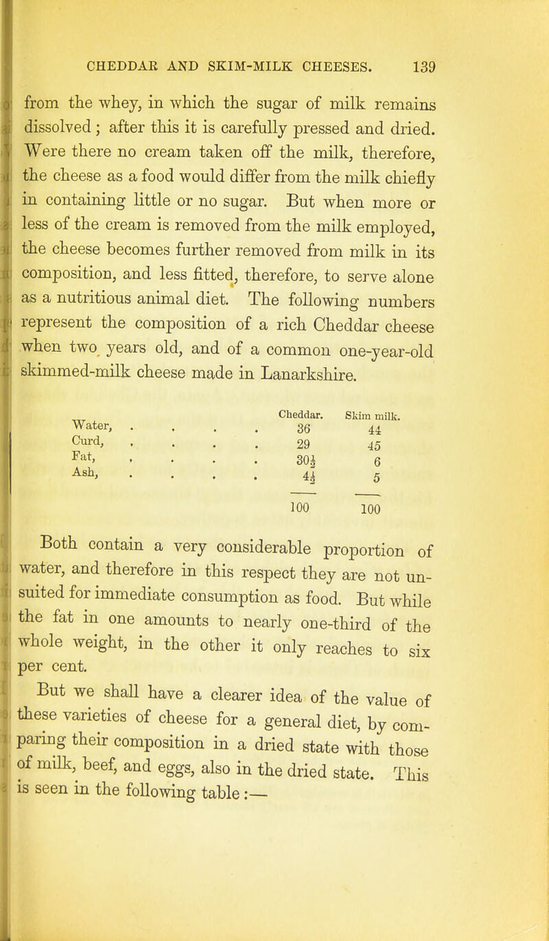 from the whey, in which the sugar of milk remains dissolved ; after this it is carefully pressed and dried. Were there no cream taken off the milk, therefore, the cheese as a food would differ from the milk chiefly in containing little or no sugar. But when more or less of the cream is removed from the milk employed, the cheese becomes further removed from milk in its composition, and less fitted, therefore, to serve alone as a nutritious animal diet. The following numbers represent the composition of a rich Cheddar cheese .when two years old, and of a common one-year-old skimmed-milk cheese made in Lanarkshire. Cheddar. Skim milk. Water, .... 36 44 Curd, .... 29 45 ■^at, . . . . 30| 6 Ash, .... 4^ 5 100 100 Both contain a very considerable proportion of water, and therefore in this respect they are not un- suited for immediate consumption as food. But while the fat in one amounts to nearly one-third of the whole weight, in the other it only reaches to six per cent. But we shall have a clearer idea of the value of these varieties of cheese for a general diet, by com- paring their composition in a dried state with those Qf mUk, beef, and eggs, also in the dried state. This is seen in the following table:—