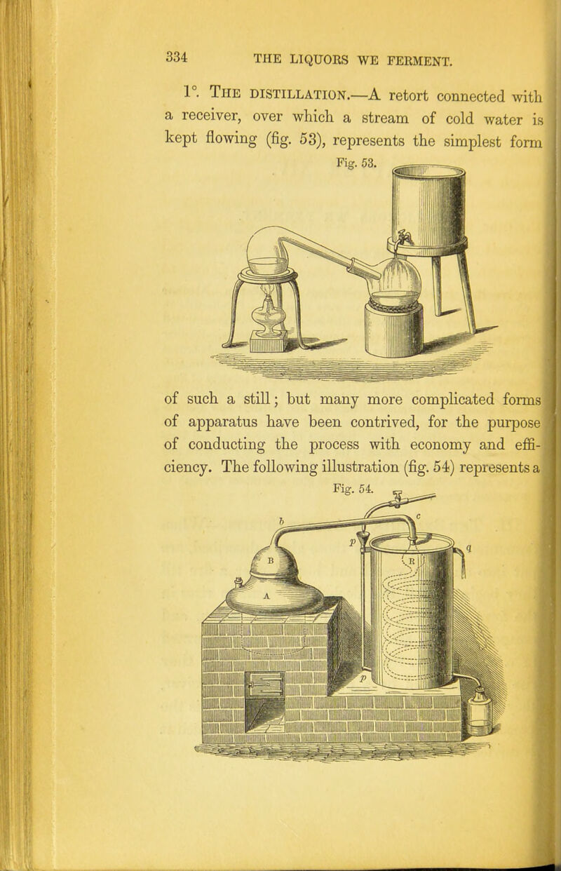 1° The distillation.—a retort connected with a receiver, over which a stream of cold water is kept flowing (fig. 53), represents the simplest form of such a still; but many more complicated forms of apparatus have been contrived, for the purpose of conducting the process with economy and effi- ciency. The following illustration (fig, 54) represents a Fig. 54. „