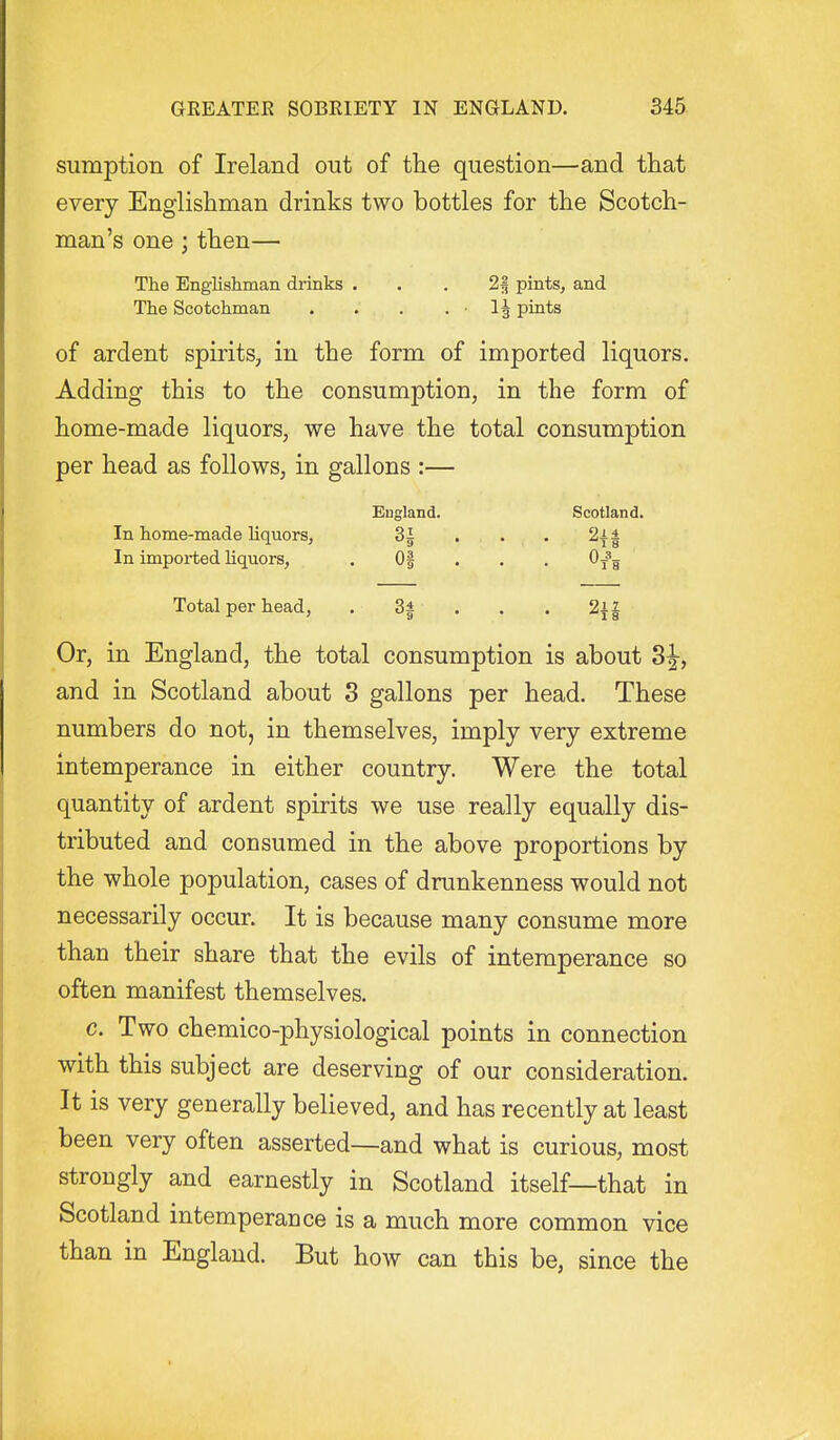 sumption of Ireland out of the question—and tliat every Englisliman drinks two bottles for the Scotch- man's one ; then— The Englishman drinks . . . 2§ pints, and The Scotchman . . . .1^ pints of ardent spirits, in the form of imported liquors. Adding this to the consumption, in the form of home-made liquors, we have the total consumption per head as follows, in gallons :— England. Scotland. In home-made liquors, 3| . . . 2i | In imported Uquors, . Of . . . Of-g Total per head, . 3f . . . 2i| Or, in England, the total consumption is about 3|-, and in Scotland about 3 gallons per head. These numbers do not, in themselves, imply very extreme intemperance in either country. Were the total quantity of ardent spirits we use really equally dis- tributed and consumed in the above proportions by the whole population, cases of drunkenness would not necessarily occur. It is because many consume more than their share that the evils of intemperance so often manifest themselves. c. Two chemico-physiological points in connection with this subject are deserving of our consideration. It is very generally believed, and has recently at least been very often asserted—and what is curious, most strongly and earnestly in Scotland itself—that in Scotland intemperance is a much more common vice than in England. But how can this be, since the