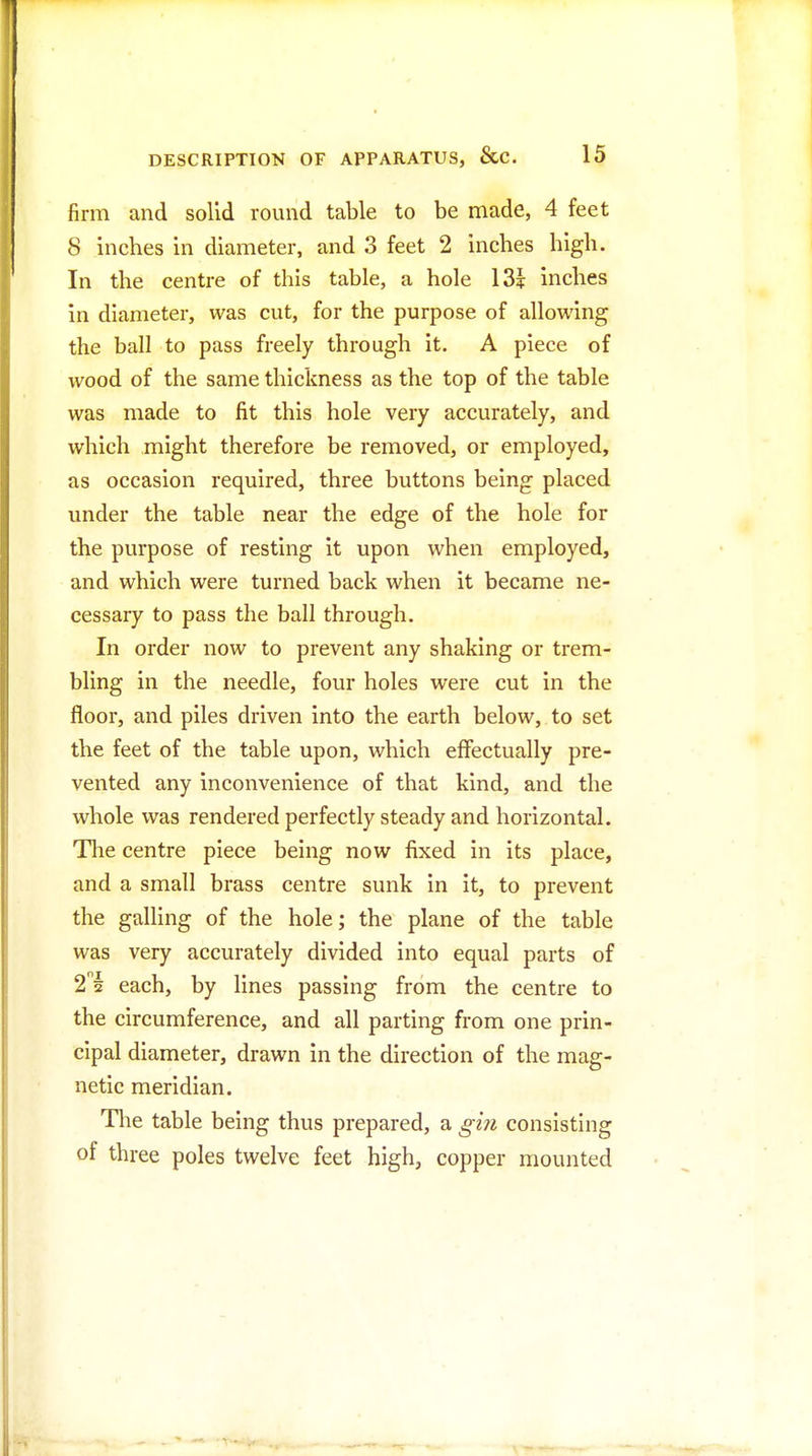 firm and solid round table to be made, 4 feet 8 inches in diameter, and 3 feet 2 inches high. In the centre of this table, a hole 13? Inches in diameter, was cut, for the purpose of allowing the ball to pass freely through it. A piece of wood of the same thickness as the top of the table was made to fit this hole very accurately, and which might therefore be removed, or employed, as occasion required, three buttons being placed under the table near the edge of the hole for the purpose of resting it upon when employed, and which were turned back when it became ne- cessary to pass the ball through. In order now to prevent any shaking or trem- bling in the needle, four holes were cut in the floor, and piles driven into the earth below, to set the feet of the table upon, which effectually pre- vented any inconvenience of that kind, and the whole was rendered perfectly steady and horizontal. The centre piece being now fixed in its place, and a small brass centre sunk in it, to prevent the galling of the hole; the plane of the table was very accurately divided into equal parts of 2! each, by lines passing from the centre to the circumference, and all parting from one prin- cipal diameter, drawn in the direction of the mag- netic meridian. The table being thus prepared, a gin consisting of three poles twelve feet high, copper mounted