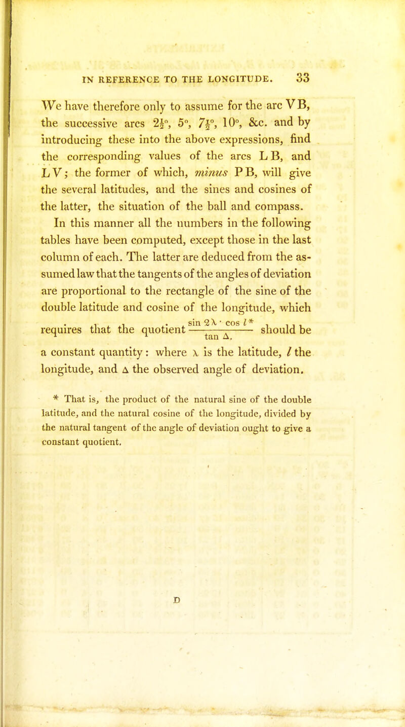 We have therefore only to assume for the arc VB, the successive arcs 2^, 5, 7§°, 10°, &c. and by introducing these into the above expressions, find the corresponding values of the arcs LB, and LV; the former of which, minus PB, will give the several latitudes, and the sines and cosines of the latter, the situation of the ball and compass. In this manner all the luimbers in the following tables have been computed, except those in the last column of each. The latter are deduced from the as- sumed law that the tangents of the angles of deviation are proportional to the rectangle of the sine of the double latitude and cosine of the longitude, which requires that the quotient ^ should be a constant quantity: where A, is the latitude, / the longitude, and a the observed angle of deviation. * That is, the product of the natural sine of the double latitude, and the natural cosine of the longitude, divided by the natural tangent of the angle of deviation ought to give a constant quotient. D