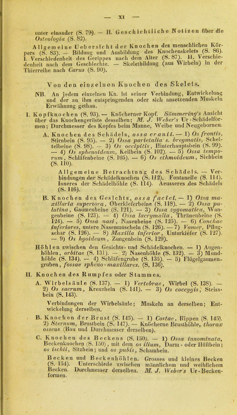 unter einander (S. 79). - IL'Geschich11 iche Notiaen Über die Osteoloyia (S. 82). Allgemeine üebersicht der Knochen des menschlichen Kör- pers (S. 83). - Bildung und Ausbildung des Knochenskelets (Ss. 8b). 1. Verschiedenheit des Gerippes nach dem Alter (S. 87). 11. Verschie- denheit nach dem Geschleclite. — Skeletbildung (aus Wirbeln) in der Thierreihe nach Carus (S. 90). Von den einzelnen Knochen des Skelets. NB. An jedem einzelnen Kn, ist seiner Verbindung, Entwickelung und der an ihm entspringenden oder sich ansetzenden Muskeln Erwähnung gethan. I. Kopfkno chen (S. 93), — Knöcherner Kopf. Sömmerinffs Ansicht über das Knochengerüste desselben; M. J. Weber's Ur-Schädelför- men; Durchmesser des Kopfes beim Manne, Weibe und Neugebornen. Ä. Knochen des Schädels, ossa cranii. — 1) Os frontis, Stirnbein (S. 95). — 2) Ossa parietalia s. bregmatis, Schei- telbeine (S. 98). — 3) Os occipitis, Hinterhauptsbein (S. 99). — 4) Os sphenoideum, Keilbein (S. 102). — 5) Ossa tempo- rum, Schläfenbeine (S. 105). — 6) Os ethmoideum, Siebbein (S. 110). Allgemeine Betrachtung des Schädels. — Vei'- bindungen der Schädelknochen (S. 112). Fontanelle (S. 114). Inneres der Schädelhöhle (S. 114). Aeusseres .des Schädels (S.116). B. Knochen des Gesichts, ossä faciei, — 1) Ossa ma- gcillaria superiora, Oberkieferbeine (S. 118). — 2) Ossa pa- latina, Gaumenbeine (S. 121). — 3) Ossa zynomatica, Wan- genbeine (S. 123). — 4) Ossa lacrymaUa, fhränenbeine (S. 124). — 5) Ossa nasi, Kasenbeine (S. 125). — 6) Conchae inferiores, untere Nasenmuscheln (S. 126), — 7) Vomer, Pflug- schar (S. 126), — 8) Maxiila inferior, Unterkiefer (S. 127). — 9) Os hyoideum, Zungenbein (S. 129). Höhlen zwischen den Gesichts-und Schädelknochen. — 1) Augen- höhlen, orbitae (S. 131). — 2) Nasenhöhle (S. 132). — 3) Mund- höhle (S. 134). — 4) Schläfengrube (S. 135). — 5) Flügelgaumen- gruben, fossae spheno-mascillares. (S, 136). II. Knochen des Rumpfes oder Stammes. A. Wirbelsäule (S. 137). — 1) Vertebrae, Wirbel (S. 138). — 2) Os sacrum, Kreuzbein (S. 141). — 3) Os coccygis, Steiss- bein (S. 143). Verbindungen der Wirbelsäule; Muskeln an derselben; Ent- wickelung derselben. B. Knochen der Brust (S. 145). — 1) Costae, Rippen (S. 145). 2) Sternum, Brustbein (S. 147). — Knöcherne Brusthöhle, thorax osseus (Bau und Durchmesser derselben), C. Knochen des Beckens (S. 150). — 1) Ossa innominata, Beckenknochep (S. 150), mit dem os ilium. Dann - oder Hüftbein; os ischii, Sitzbein; und os pubis, Schambein. Becken und Beckenhöhlen. Grosses und kleines Becken (S. 154). Unterschiede zwischen männlichem und weiblichem Becken. Durchmesser derselben. M. J. Webers Ur-Becken- formen.