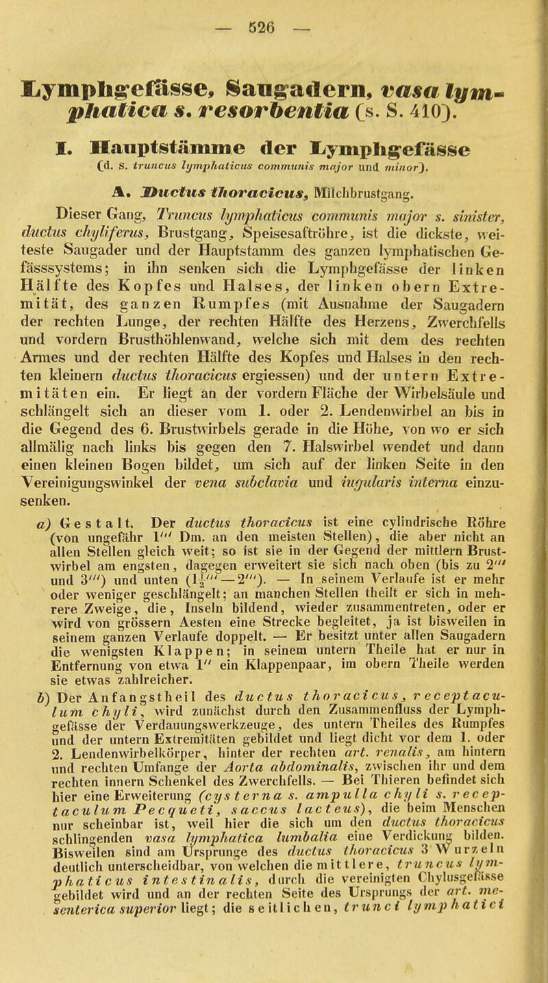 Ijymph^efässe, l^au^adern, vasa lym^ pUatica s. resorbentia Cs. S. 410). 1. Haiiptstämme der I^ymphg^efässe (d. S. truncus hjmpJiatictts communis major und minor). A. JDuctus tJioracicus, Milchbrustgang. Dieser Gang, Truncus lyin^phaticus communis major s. sinister, ductus chyUferus, Brustgang, Speisesaftiöhre, ist die dickste, wei- teste Saugader und der Hauptstamm des ganzen lymphatischen Ge- fässsystems; in ihn senken sich die Lymphgefässe der linken Hälfte des Kopfes und Halses, der linken obern Extre- mität, des ganzen Rumpfes (mit Ausnahrae der Saugadern der rechten Lunge, der rechten Hälfte des Herzens, Zwerchfells und vordem Brusthühlenwand, welche sich mit dem des rechten Annes und der rechten Hälfte des Kopfes und Halses In den rech- ten kleinern ductus thoracicus ergiessen) und der untern Extre- mitäten ein. Er liegt an der vordem Fläche der Wirbelsäule und schlängelt sich an dieser vom 1. oder 2. Lendenwirbel an bis in die Gegend des 6. Bmstwirbels gerade in die Höhe, von wo er sich allmälig nach links bis gegen den 7. Halswirbel wendet und dann einen kleinen Bogen bildet, lun sich auf der linken Seite in den Vereinigungswinkel der vena subclavia und mgularis interna einzu- senken. a) Gestalt. Der ductus thoracicus ist eine cylindrische RcJhre (von ungefähr 1' Dm. an den meisten Stellen), die aber nicht an allen Stellen gleich weit; so ist sie in der Gegend der mittlem Brust- wirbel am engsten, dagegen erweitert sie sich nach oben (bis zu 2' und 3') und unten (l|' —2'). — In seinem Verlaufe ist er mehr oder weniger geschlängelt; an manchen Stellen theilt er sich in meh- rere Zweige, die, Inseln bildend, wieder zusammentreten, oder er •wird von grössern Aesten eine Strecke begleitet, ja ist bisweilen in seinem ganzen Verlaufe doppelt. — Er besitzt unter allen Saugadern die wenigsten Klappen; in seinem untern Theile hat er nur in Entfernung von etwa 1 ein Klappenpaar, im obern Theile werden sie etwas zahlreicher. Ä) Der Anfangstheil des ductus thoraci cus, r ecept acu- tum chyli, wird zunächst durch den Zusammenfluss der Lymph- gefässe der Verdauungswerkzeuge, des untern Theiles des Rumpfes und der untern Extremitäten gebildet und liegt dicht vor dem 1. oder 2. Lendenwirbelkörper, hinter der rechten art. renalis, am hintern nnd rechten Umfange der Aorta abdominalis, zwischen ihr und dem rechten innern Schenkel des Zwerchfells. — Bei Thieren befindet sich hier eine Erweiterung (cys terna s. ampulla chyli s. recep- taculum Pecqueti, Saccus lacteus), die beim RIenschen nur scheinbar ist, weil hier die sich um den ductus thoracicus schlingenden vasa h/mphatica lumbalia eine Verdickung bilden. Bisweilen sind am Ursprünge des ductus thoracicus 3 Wurzeln deutlich unterscheidbar, von\velchen die mittlere, truncus li/m- phaticus intestinalis, durch die vereinigten Chylusgelässe gebildet wird und an der rechten Seite des Ursprungs der art. me- senterica superior lie^t; die seitlichen, trunci iymphatici