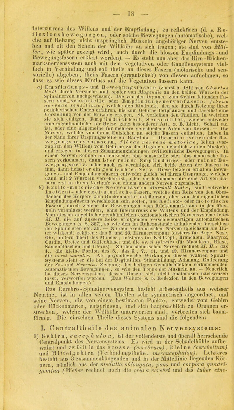 fntemuren* des Willens und dei- Enij)findiing, zu reflektiren (d. g. Re- 11 e X i o n s b e w e i; 11 n g e n, oder solciie Bewegungen (aiilomatisciie), wel- che auf lieiz-iini; niclit ursprünglich Muskeln angehöriger Nerven entste- hen und oft den Schein der VVillkiiür an sich tragen; sie sind von Mül- ler, wie später gezeigt wird, aucii durch die blossen Eniplindungs - und Bewegungsfasern erklärt worden). — Es steht nun aber das Hirn-Riicken- marksnervensystem auch mit dem vegetativen oder Gangliensysteine viel- fach in Verbindung und soll theils an dieses Fasern (motorische und sen- sorielle) abgeben, theils Fasern (organische?) von diesem aufnehmen, so dass es wie dieses Einlluss auf die Vegetation äussern kann. nj j:mpfindungs- und Boweffung.sfaseni (zuerst a. 1811 von Charloa Boll (luicli Versuclw; uiul .später von Ma^endie au den beiden AVurzeln der Spinalnerven jiachgevviesen). Die von den Organen zum Gelürn leitenden Fa- sern siml^sen.yorielle oder Empfindung.snervenfa.sern, fiOrae nerveac seiisHivao, vi^elche den Eindruck, den sie durch Heizung ilirex peripherisclien Enden erfahren, bis zum Gehirne forlpflanzen und daselbst eine Vorstellung von der Heizung erregen. Sie verleihen den Theilen, in welchen sie sich endigen, Empfindlichkeil, Sensibilität, welche entweder eine eigenlhünaiclie für Reize ganz besonderer An, z. B. Licht, Schall etc. ist, oder eine allgemeine für mehrere verschiedene Arten von Heizen. — Die Nerven, welche von ihrem Entstehen an solche Fasern enthalten, haben in der Nähe ihrer Ursprungsstelle ein Ganglion. — Die motorischen oder Be- wegungsnervenfasern^ fibrae nerveae motoriae, leiten (vor- züglich den Willen) vom Gehirne zu den Organen, nehmlich zu den Muskeln, und erregen in diesen Zusammenziehungen (willkührliclie Bewegungen). In einem Nerven können nun entweder blos sensorielle oder blos motorische Fa- sern vorkommen, dann ist er reiner Empfindungs- oder reiner Be- wegungsnerv, oder auch es vereinigen sich beide Arten der Fasern in ihm, dann heisst er ein gemischter Nerv. Diese letztem erhalten Bewu- gungs - und Empfindungsfasern entweder gleich bei ihrem Ursprünge, A\ elcher dann mit 2 Wurzeln versehen ist, oder sie bekommen die eine Art von Fa- sern erst in ihrem Verlaufe von einem andern Nerven zugemischl. 6) Excito-mo lorische Nervenfasern Marshall Halls, sind entweder Incideut- oder excitatorische Fasern, welche den Reiz von den Ober- flächen des Körpers zum Rüciceumarke fortpflanzen, aber von den eigentlichen Empflndungsfasern verschieden sein sollen, nndlleflex- oder motorische Fasern, durch wRlche die Bewegungen vom Hückenmarke aus in den Mus- keln veranlasst werden, ohne Intercurrenz des Willens und der Empfindung. Von diesem angeblich eigenlhümlichen excilomotorischen Nervensysteme leitet M. H. die auf äussere Heize erfolgenden verschiedenartigen automatischen Bewegungen (s. S. 367), so wie den im Ruhezustände anhaltenden Verschluss der Sphinclereu etc. ab. — Zu den excitalorischen Nerven (gleichsam als Hü- ter wirkend) gehören: das 5. uml 10. Hirnnervenpaar (ersteres für Auge, Nase, Olir, hintern Theil des Mundes; letzteres für Kehlkopf, Bronchien, PharjiLX, Cardia, Ureter und Gallenblase) und die nervi spinales (für Mastdarm, Blase, Samenbläscheii und Uterus). Zu den motorischen Nerven rechnet M. H.: das 4., die kleine Portion des 5., das 6., 7., 11. und 12. Hirnnervenpaar und die nervi sacrales. Als pliysiologische Wirkungen dieses wahren Spinal- Systems sieht er die bei der Deglutitiou, Stimmbildung, Athmung, Entleerung der Se- und Excrcta, Zeugung, bei heftigen Gemüllisaffeklen vorkommenden automatischen Bewegungen, so wie den Tonus der Muskeln an. — Neuerlich ist dieses Nervensystem, dessen Dasein sich nicht anatomisch nachweisen lässt, verworfen wordeji. (Das Weitere s. b. Hetlexion in den Bewegiuigen und Empfindungen.) ' Das Cerebro - Spinalnervensysfera besteht grösstentheils aus weisser Nem-ine, ist in allen seinen Theilen sehr symmetrisch angeordnet, und seine Nerven, die von einem besliin.uten Punkte, entweder vom Gehirn oder Hückenmarke, ents[ningen, und sich hauptsächlich zu Organen er- strecken , welche der Williaihr unterworfen sind, verbreiten sich bauin- fönnig. Dia einzelnen Theüe dieses Systems sind die folgenden: I. Centraltheile des animalen Nervensystems: 1) Gehirn, encepfialo n, ist der vollendetste und überall herrschende Centralpunkt des Nervensystems. Es wird in der Schädelhölile aiifbe- vvaiirt und zerfällt in das grosse (c.rrehruni), kleine (cercbelium) lind M i 11 e I g e Ii i r n (Verlntulunivsi heile , inr.sc.ncephnlon). Letzteres besteht aus 3 ztisainiiienhängenden und in der Mittellinie liegenden K*)r- pern, nämlich aus iSrnr mednlla obluuffata, pous und corpura quadri- geniina (Weber rechnet noch die crura cerebri und das tuber eine-