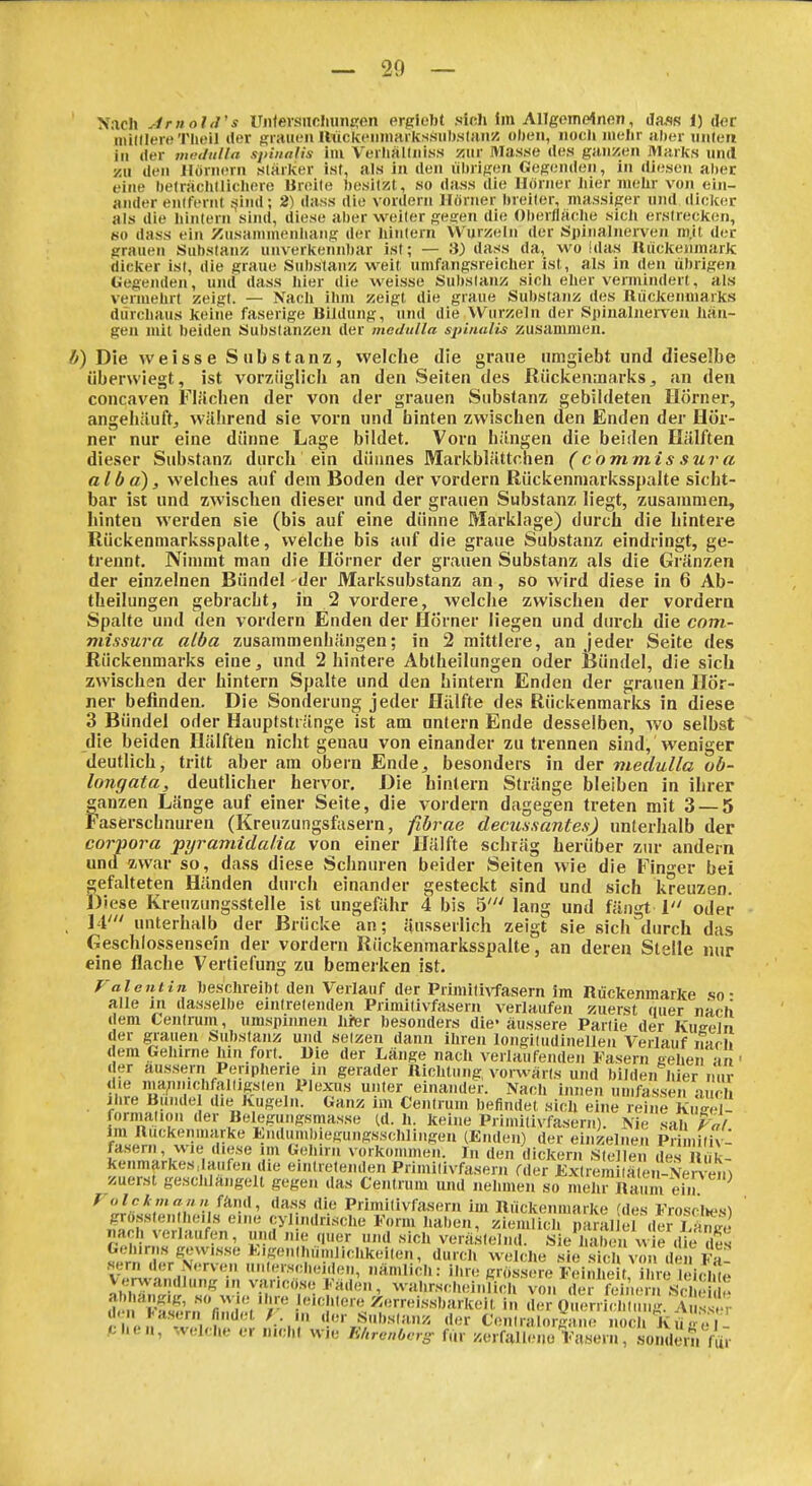 Nach ArnoltVs Uii<ersncliun£;en ergiebt sich im Allgemdnon, da,«is i) (jor miniere Tlieil der grauen IMcIceiinirtiks.siib.slfUiz oheii, noch mehr aher milere in der mci/itlla sjiitialis im Verhällnlss zur Masse des ganzen Marks und zu den llorncrn stärker ist, als in den lilnigen Gegenden, in diesen alier eine beträchtlichere Ureile hesltsit, so dass die Utirner liier mehr von ein- ander entfernt ^liui; 2) dass die vordem Hörner breiter, massiger und dicker als die hintern sind, diese aber weiter gegen die Oberfläche sich erstrecken, eo dass ein Zusannnenhang der hintern Wurzeln der Spinalnerven m.il der grauen Substanz unverkennbar ist; — 3) dass da, wo (das lliickenmark dicker ist, die gratie Substanz weit umfangsreicher ist, als in den übrigen Gegenden, und dass hier die weisse Substanz sich eher vennindert, als vermehrt zeigt. — Nach ihm zeigt die graue Substanz des Rückenmarks durchaus keine faserige Bildung, uinl die Wurzeln der Spinalnerven hän- gen mit beiden Substanzen der medulla spiualis zusammen. Ä) Die weiss e S ab s tanz, welche die graue nmgiebt und dieselbe überwiegt, ist vorzüglich an den Seiten des Rückenmarksj an den concaven Flächen der von der grauen Substanz gebildeten Hörner, angehäuft, während sie vorn und hinten zwischen den Enden der Hor- ner nur eine dünne Lage bildet. Vorn hängen die beiden Hälften dieser Substanz durch ein dünnes Markblättrhen (cbnimissura alba), welches auf dem Boden der vordem Rückenmarksspalte sicht- bar ist und zwischen dieser und der grauen Substanz liegt, zusammen, hinten werden sie (bis auf eine dünne Marklage) durch die hintere Rückenmarksspalte, welche bis auf die graue Substanz eindringt, ge- trennt. Nimmt man die Hörner der grauen Substanz als die Gränzen der einzelnen Bündel - der Marksubstanz an, so wird diese in 6 Ab- theilungen gebracht, in 2 vordere, welche zwischen der vordem Spalte und den vordem Enden der Hörner liegen und durch die com- missura alba zusammenhängen; in 2 mittlere, an Jeder Seite des Rückenmarks eine, und 2 hintere Äblheilungen oder Bündel, die sich zwischen der hintern Spalte und den hintern Enden der grauen Hör- ner befinden. Die Sonderung jeder Hälfte des Rückenmari« in diese 3 Bündel oder Hauptstränge ist am untern Ende desselben, wo selbst die beiden Hälften nicht genau von einander zu trennen sind, weniger deutlich, tritt aber am obern Ende, besonders in der medulla ob- longata, deutlicher hervor. Die hintern Stränge bleiben in ihrer ganzen Länge auf einer Seite, die vordem dagegen treten mit 3 — 5 Faserschnuren (Kreuzungsfasern, fibrae decunsantes) unterhalb der Corpora pyramidalia von einer Hälfte schräg herüber ziu- andern und zwar so, dass diese Schnuren beider Seiten wie die Finger bei gefalteten Händen durch einander gesteckt sind und sich kreuzen. Diese Kreuzungsstelle ist ungefähr 4 bis 5' lang und fängt 1 oder , W unterhalb der Brücke an; äusserlich zeigt sie sich durch das Geschlossensein der vordem Rückenmarksspalte, an deren Steile nur eine flache Vertiefung zu bemerken ist. Falent in beschreibt den Verlauf der Primiti^'fase^n im Rückenmarke so ■ alle in dasselbe eintretenden Primitivfasern verlaufen zuerst ouer narli dem Cenirum, umspinnen hüer besonders die- äussere Partie der Ku^elri der giauen Substanz und setzen dann ihren longitudinellen Verlauf nacli dem Gelurne hm/ort. Die der Länge nach verlaufenden Fasern gehen an' den Käsern find /c h e n, welche w e Ihre leichtere Zerreissbaricelt in der Ouerrichlnng. AusJm- nuei, / . in der Sulislanz der C'entralorgane noch Kuacl- He er nicht wie Mrcnbcr^^ für zerfallenu Vasern, sondern für
