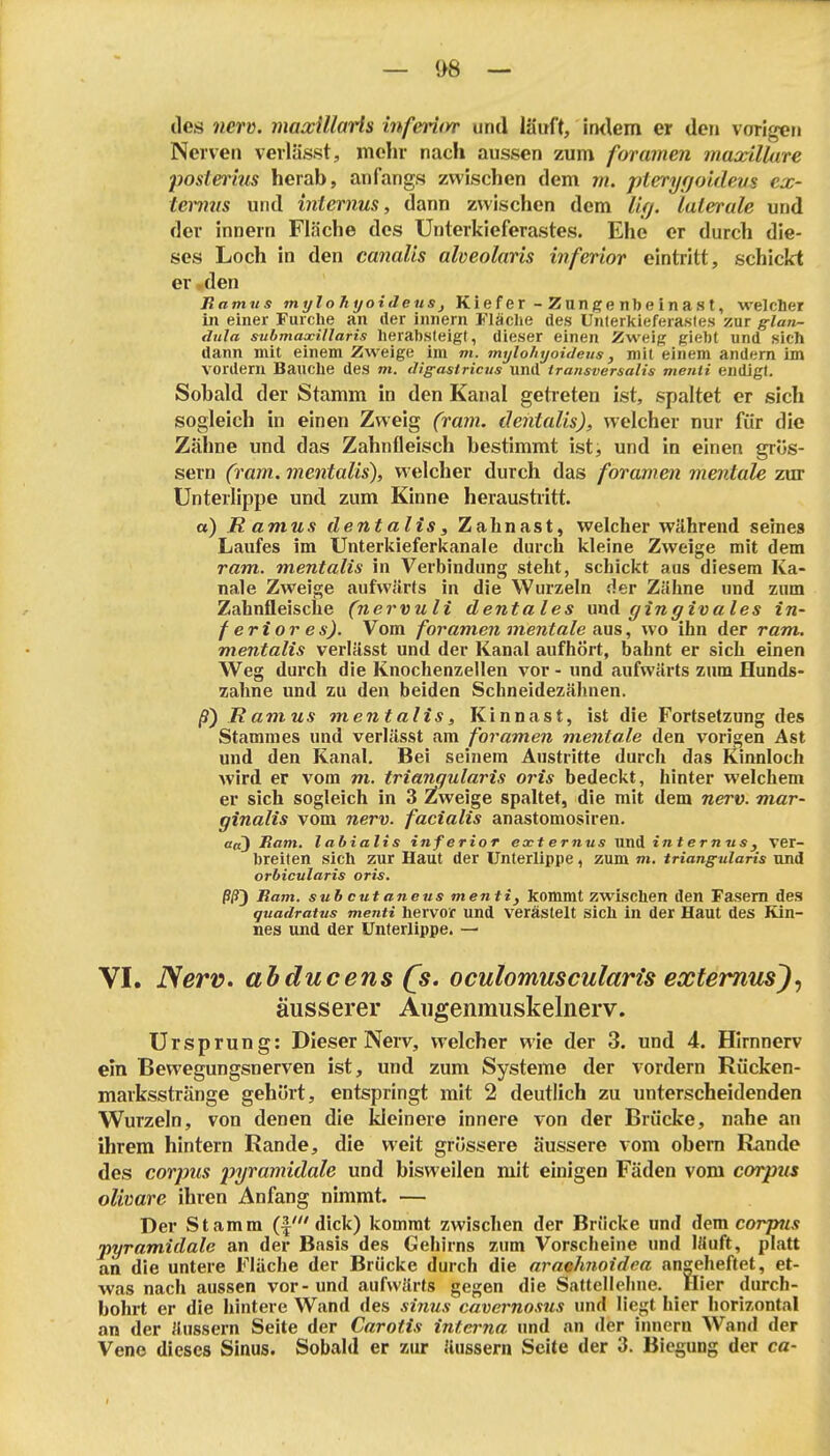 des nerv, maxillaris infeiHw und läuft, irnlem er den vorigen Nerven verlässt, mehr nach aussen zum foramen maxillure posterms herab, anfangs zwischen dem m. pteryfjoidevs ex- temus und internus, dann zwischen dem %. laterale und der innern Fläche des ünlerkieferastes. Ehe er durch die- ses Loch in den canalis alveolaris inferior eintritt, schickt er,den Jlamns mylohyoideusj Kief er - Zunge nl)e ina s f, welclier in einer Furche an der innern Fläclie des ünlerkieferastes zur glan~ flula suhmaxillaris herabsteigt, dieser einen Zweig giebt und sich dann mit einem Zweige im m. mylohyoideus, mit einem andern im vordem Bauche des m. dig-astricus und transversalis menti endigl. Sobald der Stamm in den Kanal getieten ist, spaltet er sich sogleich in einen Zweig (ram. deiitalis), welcher nur für die Zähne und das Zahnfleisch bestimmt ist, und in einen grös- sern (ram. mentalis), welcher durch das foramen mentale zur Unterlippe und zum Kinne heraustritt. a) Ramus dentalis, Zahnast, welcher während seines Laufes im Unterkieferkanale durch kleine Zweige mit dem ram. mentalis in Verbindung steht, schickt aus diesem Ka- näle Zweige aufwärts in die Wurzeln der Zähne und zum Zahnfleische (nervuli dentales \mA gingivales in- feriores). Vom foramen mentale ans, wo ihn der ram. mentalis vei'Iässt und dei* Kanal aufhört, bahnt er sich einen Weg durch die Knochenzellen vor - und aufwärts zum Ilunds- zahne und zu den beiden Schneidezähnen. |9) Ramus mentalis, Kinnast, ist die Fortsetzung des Stammes und verlässt am foramen mentale den vorigen Ast und den Kanal. Bei seinem Austritte durch das Kinnloch wird er vom m. triaiwularis oris bedeckt, hinter welchem er sich sogleich in 3 Zweige spaltet, die mit dem nerv, mar- ginalis vom nerv, facialis anastomosiren. Oß) Ram. labialis inferior ext ernus und internus, ver- breiten sich zur Haut der Unterlippe, zum m. triangularis und orbicularis oris. ßß'} Ram. sub cutaneus menti, kommt zwischen den Fasern des quadratus menti hervor und verästelt sich in der Haut des Kin- nes und der Unterlippe. — VI. Nerv, ahducens (^s. oculomuscularis exfemus^^ äusserer Augenmuskelnerv. Ursprung: Dieser NeiT, welcher wie der 3. und 4. Hirnnerv ein Bewegungsnerven ist, und zum Systeme der vordem Rücken- marksstränge gehört, entspringt mit 2 deutlich zu unterscheidenden Wurzeln, von denen die kleinere innere von der Brücke, nahe an ihrem hintern Rande, die weit grössere äussere vom obem Rande des corpus p7/ra???iWa/e und bisweilen mit einigen Fäden vom corpus olimre ihren Anfang nimmt. — Der Stamm (|' dick) kommt zwischen der Brücke und dem corp?« pyramidale an der Basis des Gehirns zum Vorscheine und läuft, platt an die untere Flüche der Brücke durch die araehnoidea angeheftet, et- was nach aussen vor-und aufwärts gegen die Sattellehne. Hier durch- bohrt er die hintere Wand des sinus cavernosus und liegt hier horizontal d an der äussern Seite der Carotis interna und an der innern Wand der \ Vene dieses Sinus. Sobald er zur äussern Seite der 3. Biegung der ca-