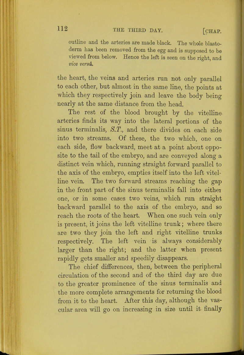 outline and the arteries are made black. The whole blasto- derm has been removed from the egg and is supposed to be viewed from below. Hence the left is seen on the right, and vice versd. the heart, the veins and arteries run not only parallel to each other, but almost in the same line, the points at which they respectively join and leave the body being nearly at the same distance from the head. The rest of the blood brought by the vitelline arteries finds its way into the lateral portions of the sinus terminalis, S.T., and there divides on each side into two streams. Of these, the two which, one on each side, flow backward, meet at a point about oppo- site to the tail of the embryo, and are conveyed along a distinct vein which, running straight forward parallel to the axis of the embryo, empties itself into the left vitel- line vein. The two forward streams reaching the gap in the front part of the sinus terminalis fall into either one, or in some cases two veins, which run straight backward parallel to the axis of the embryo, and so reach the roots of the heart. When one such vein only is present, it joins the left vitelline trunk; where there are two they join the left and right vitelline trunks respectively. The left vein is always considerably larger than the right; and the latter when present rapidly gets smaller and speedily disappears. The chief differences, then, between the peripheral circulation of the second and of the third day are due to the greater prominence of the sinus terminalis and the more complete arrangements for returning the blood from it to the heart. After this day, although the vas- cular area will go on increasing in size until it finally